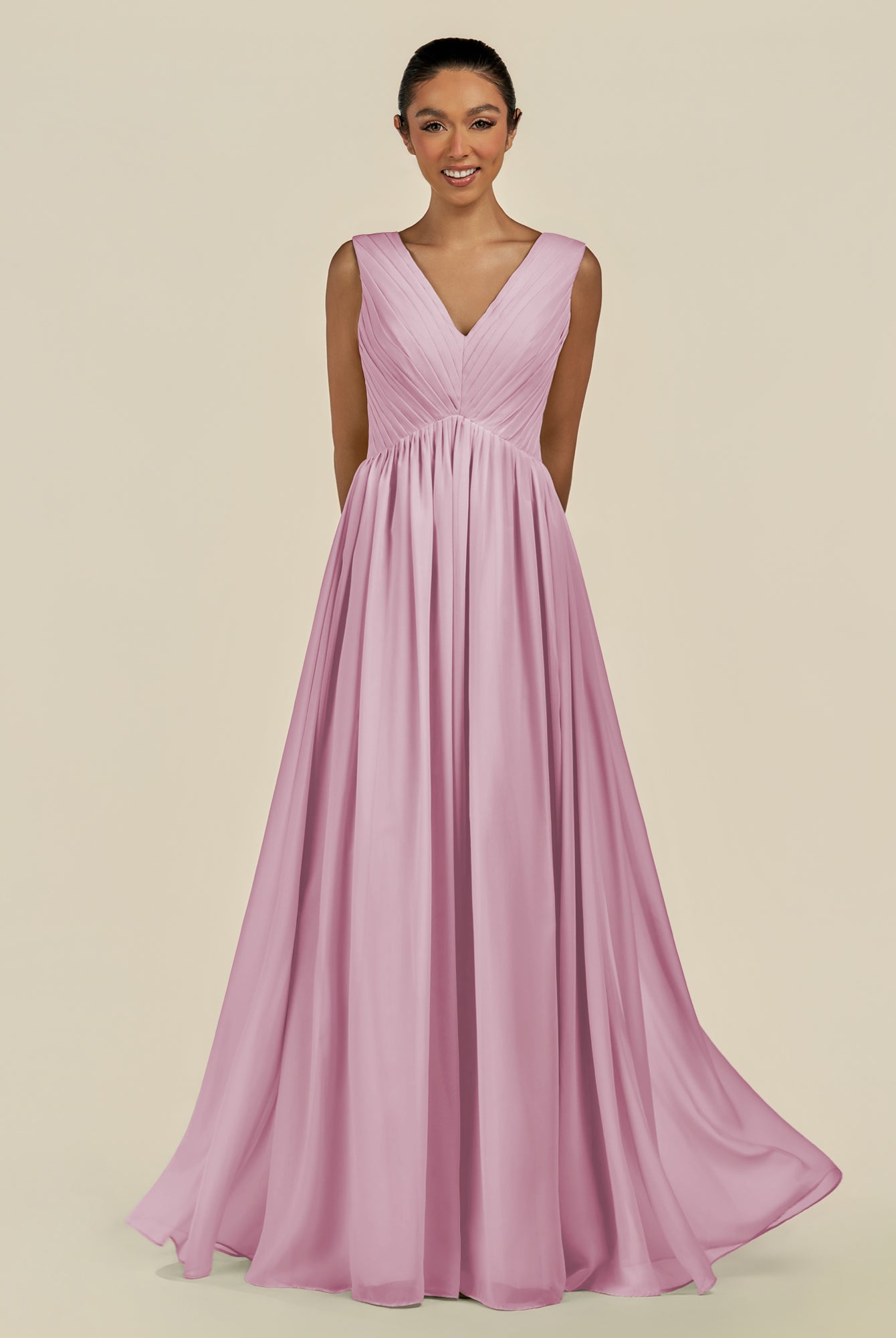 KissDress-Daryel Vintage Mauve A Line Chiffon V Neck Pleated Long Bridesmaid Dress