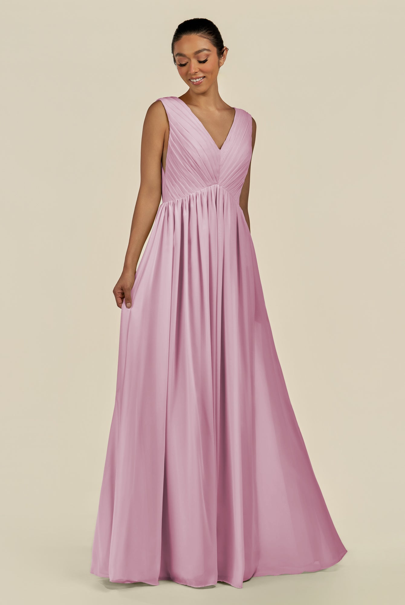 KissDress-Daryel Vintage Mauve A Line Chiffon V Neck Pleated Long Bridesmaid Dress