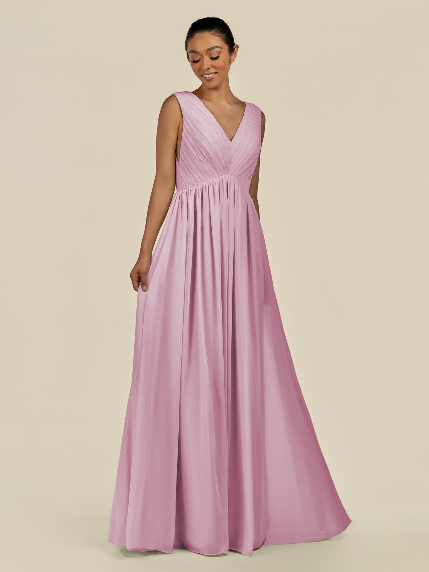KissDress-Daryel Vintage Mauve A Line Chiffon V Neck Pleated Long Bridesmaid Dress
