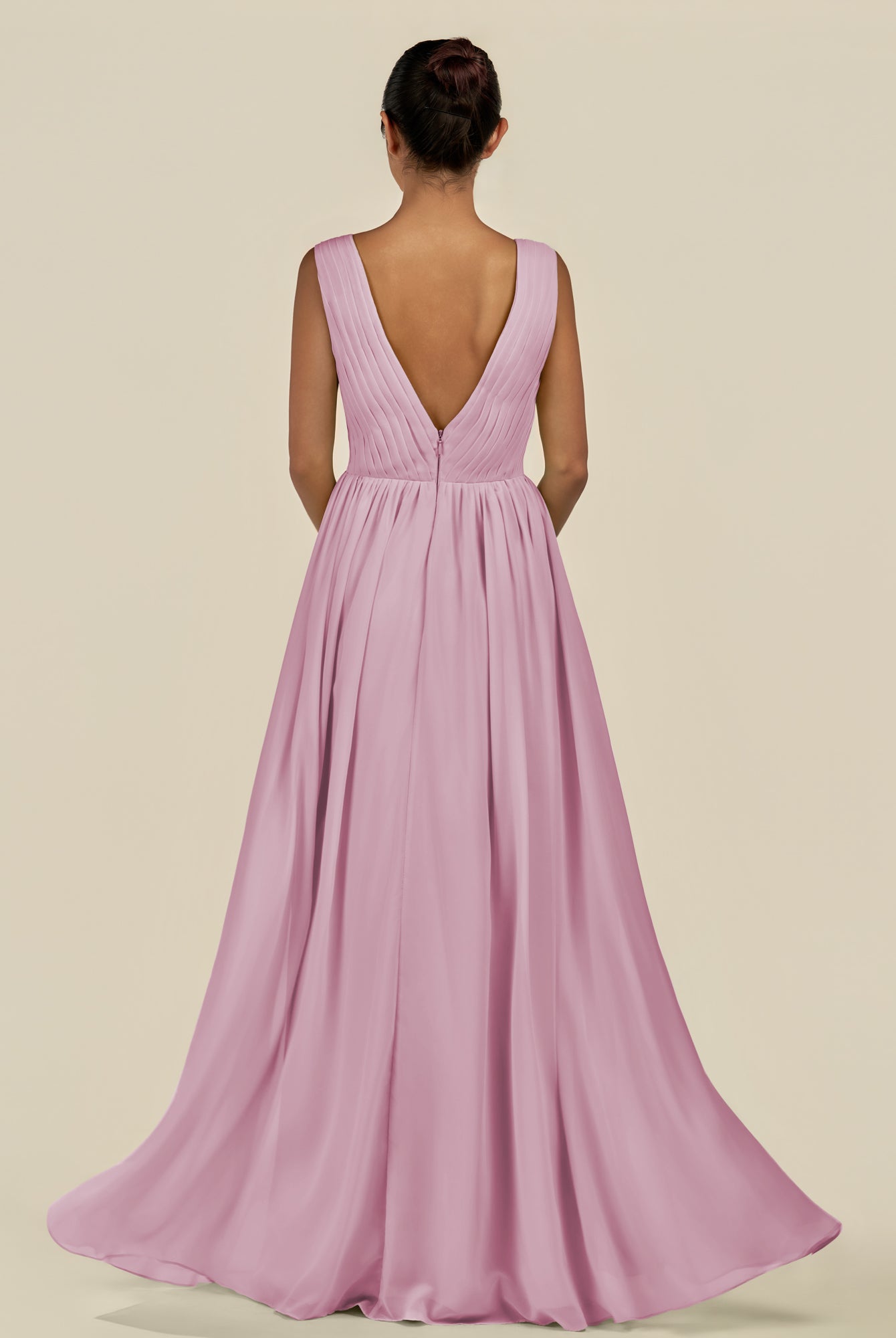KissDress-Daryel Vintage Mauve A Line Chiffon V Neck Pleated Long Bridesmaid Dress