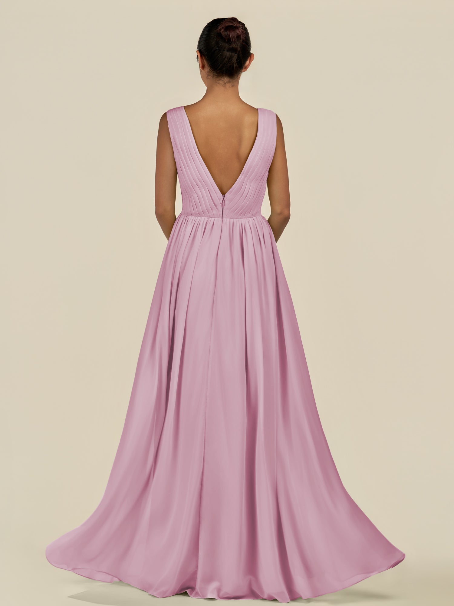KissDress-Daryel Vintage Mauve A Line Chiffon V Neck Pleated Long Bridesmaid Dress