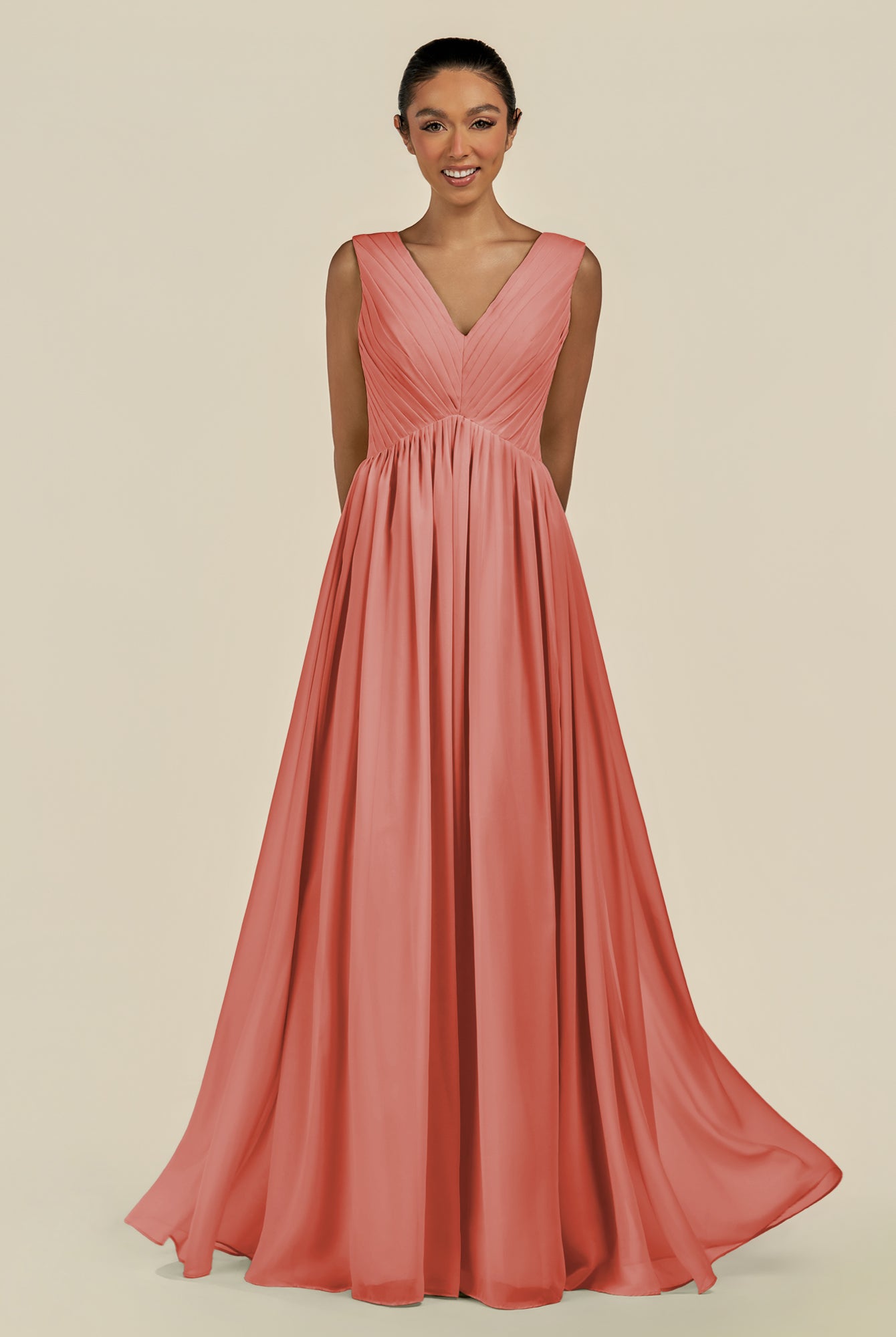 KissDress-Daryel Wild Rose A Line Chiffon V Neck Pleated Long Bridesmaid Dress