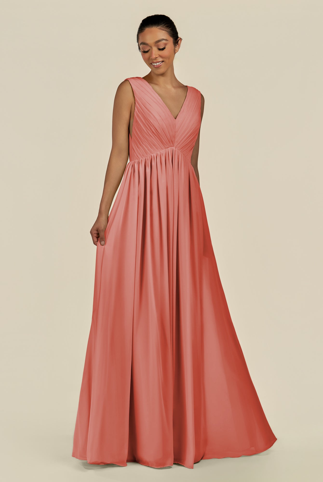 KissDress-Daryel Wild Rose A Line Chiffon V Neck Pleated Long Bridesmaid Dress