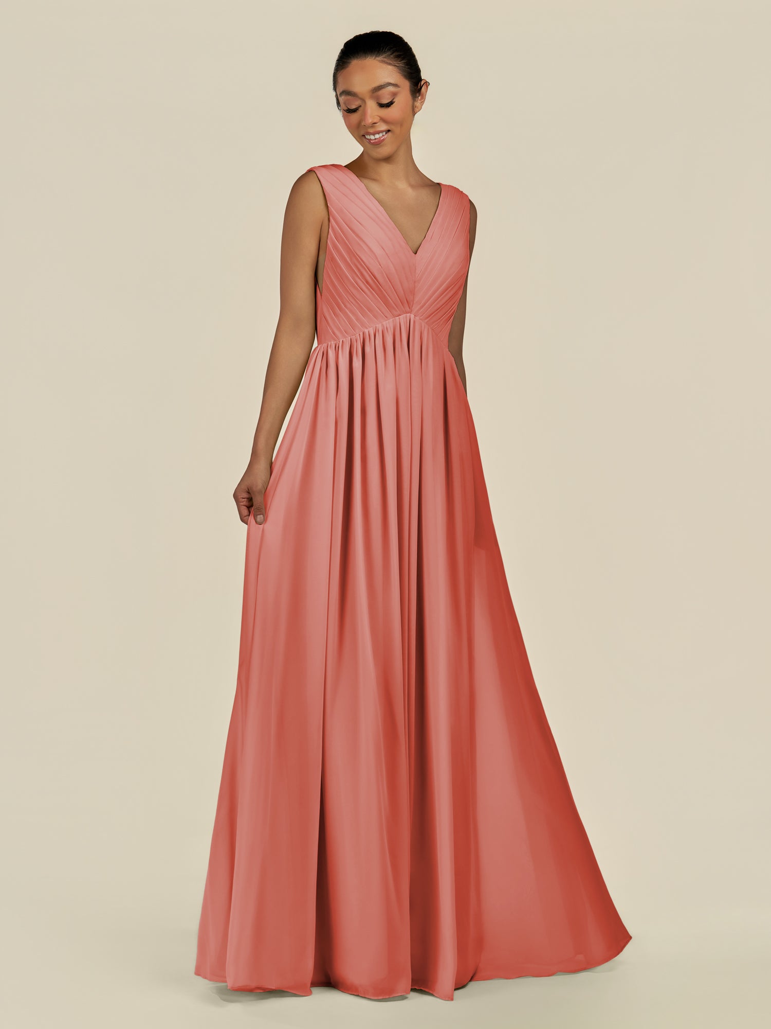 KissDress-Daryel Wild Rose A Line Chiffon V Neck Pleated Long Bridesmaid Dress