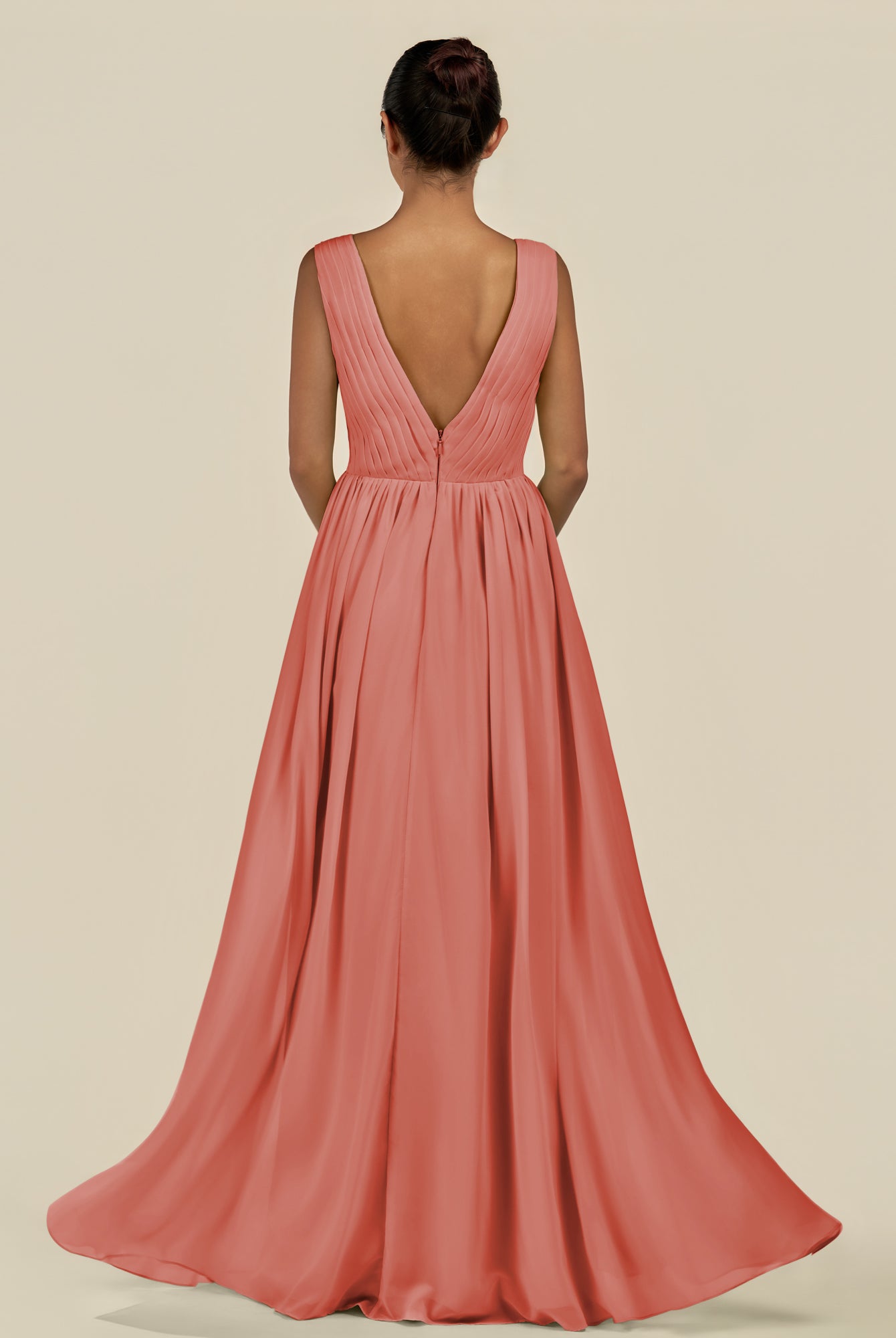 KissDress-Daryel Wild Rose A Line Chiffon V Neck Pleated Long Bridesmaid Dress