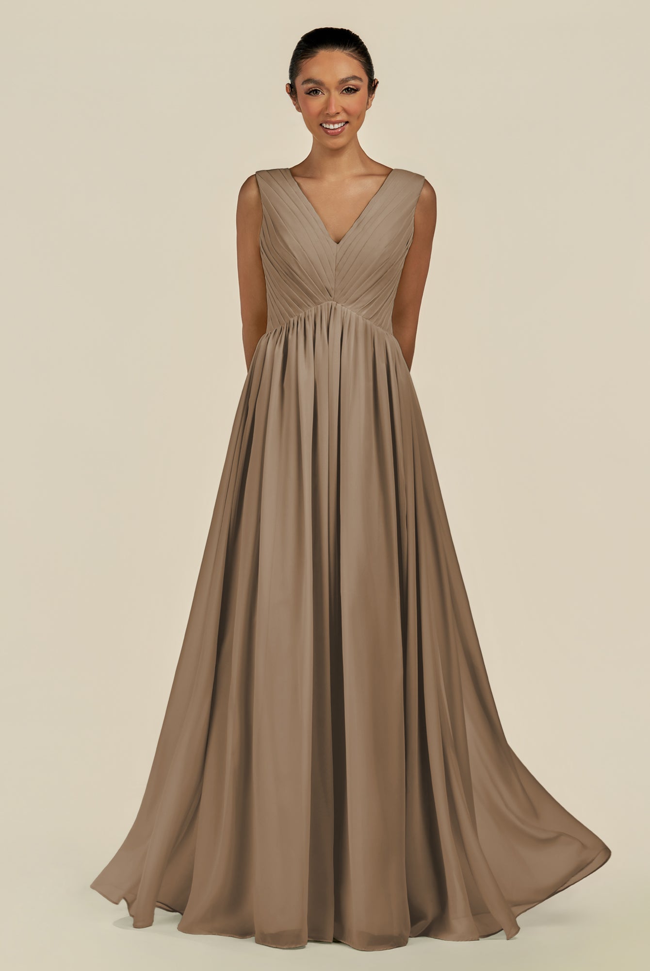 KissDress-Daryel Willow Green A Line Chiffon V Neck Pleated Long Bridesmaid Dress