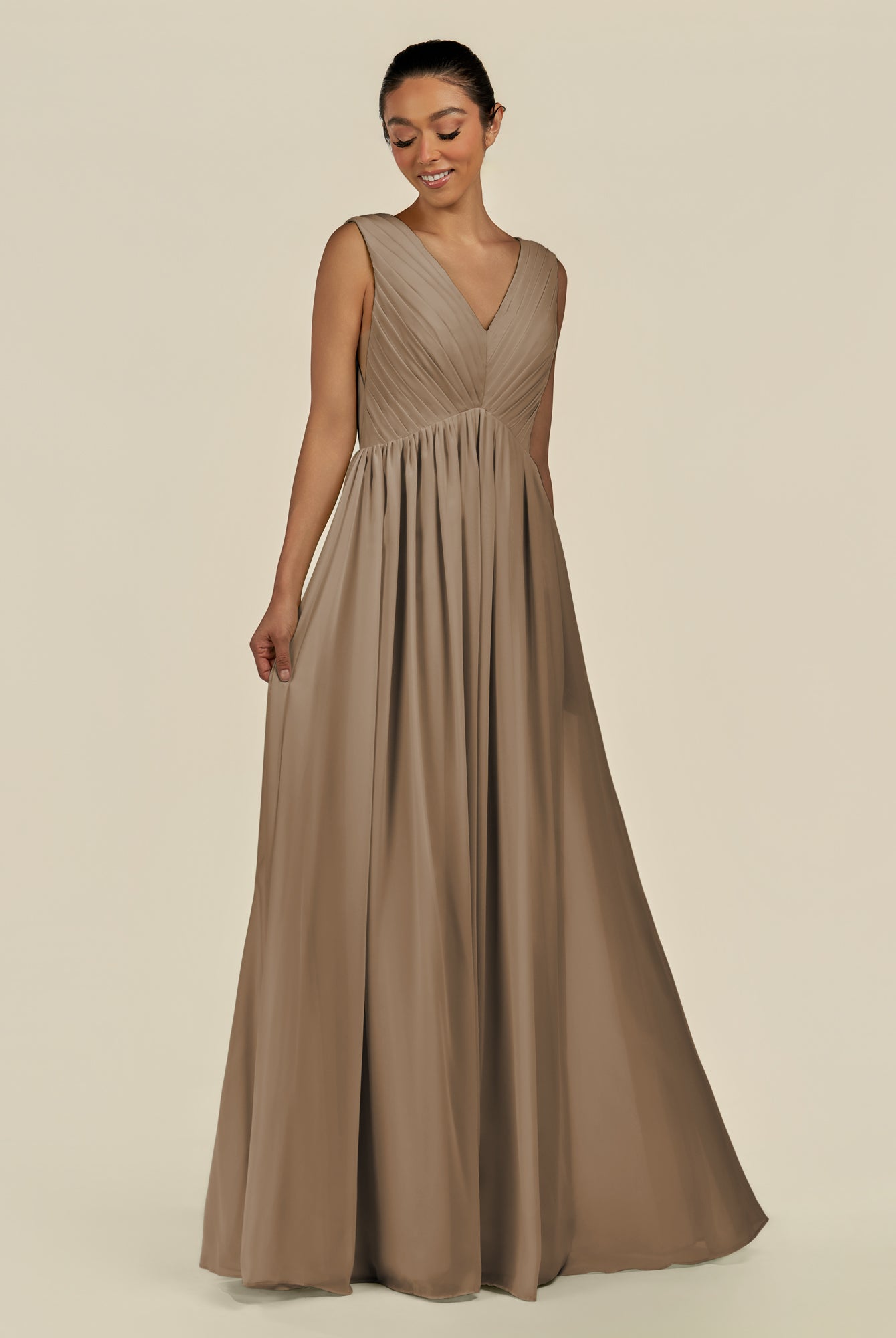 KissDress-Daryel Willow Green A Line Chiffon V Neck Pleated Long Bridesmaid Dress