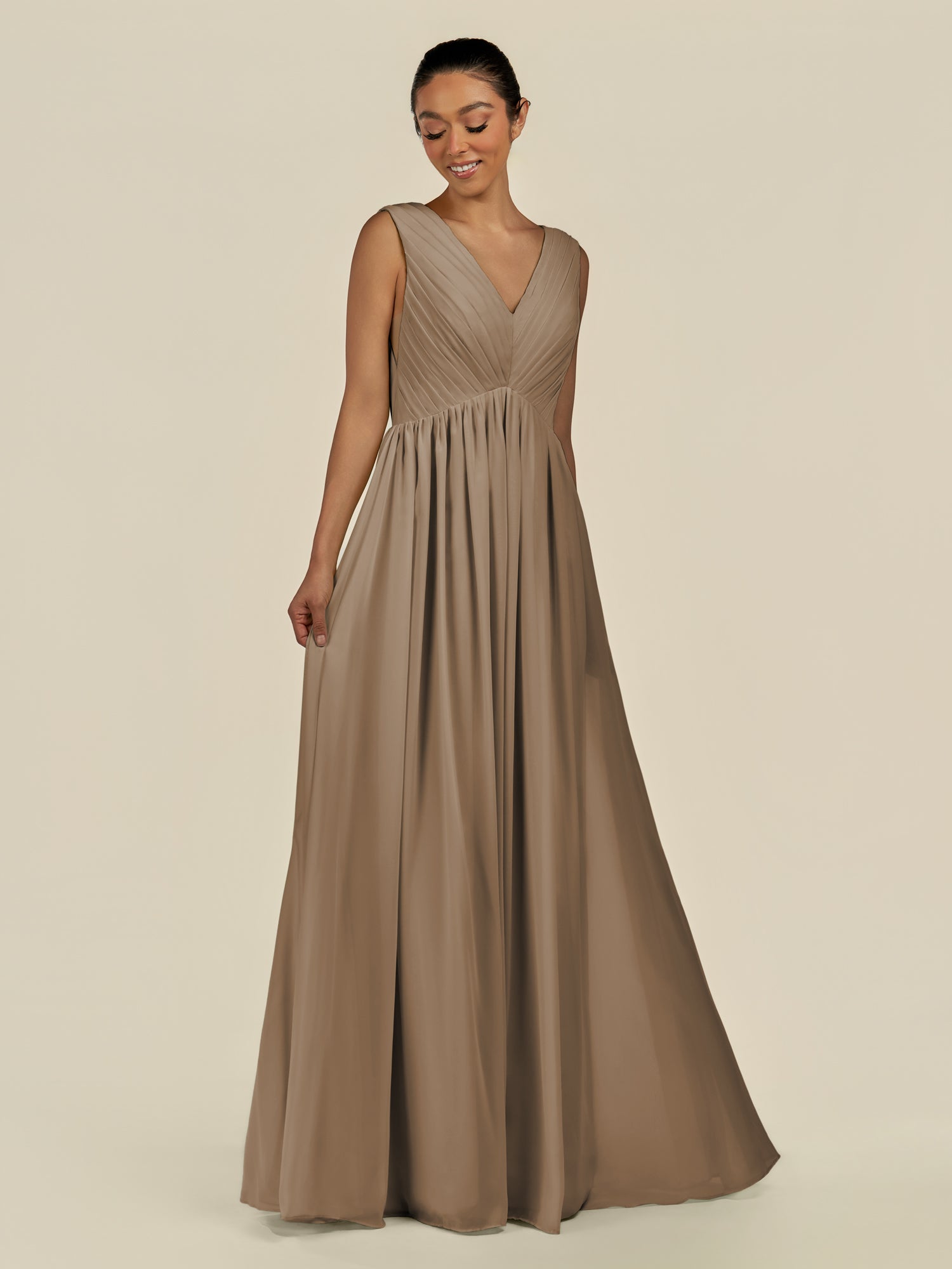 KissDress-Daryel Willow Green A Line Chiffon V Neck Pleated Long Bridesmaid Dress