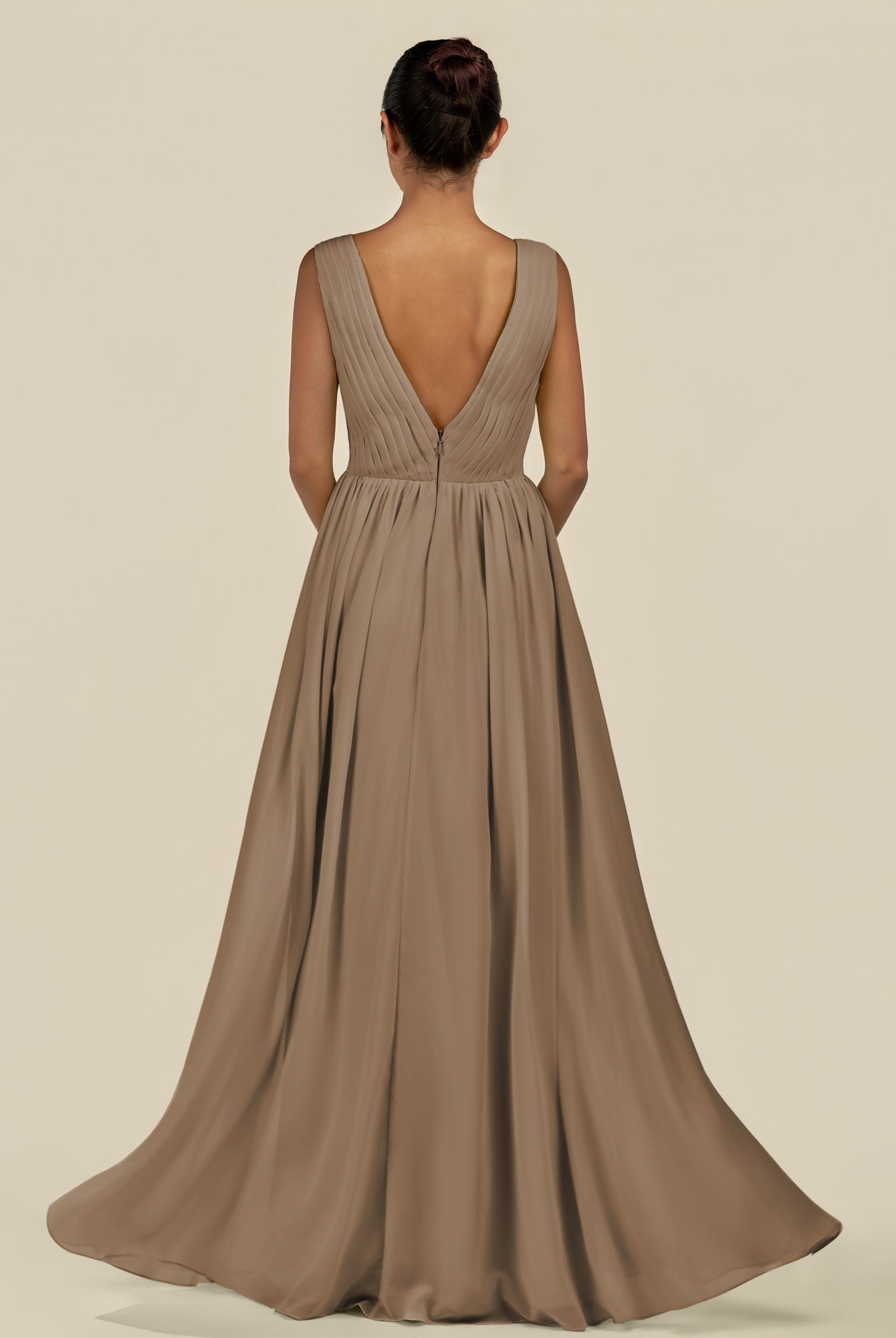 KissDress-Daryel Willow Green A Line Chiffon V Neck Pleated Long Bridesmaid Dress