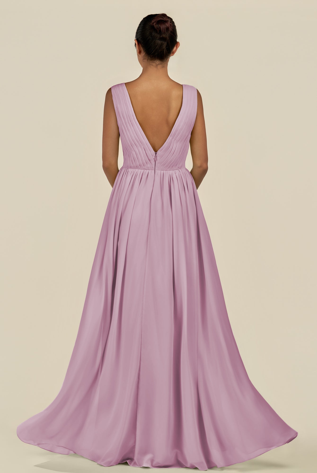 KissDress-Daryel Wisteria A Line Chiffon V Neck Pleated Long Bridesmaid Dress