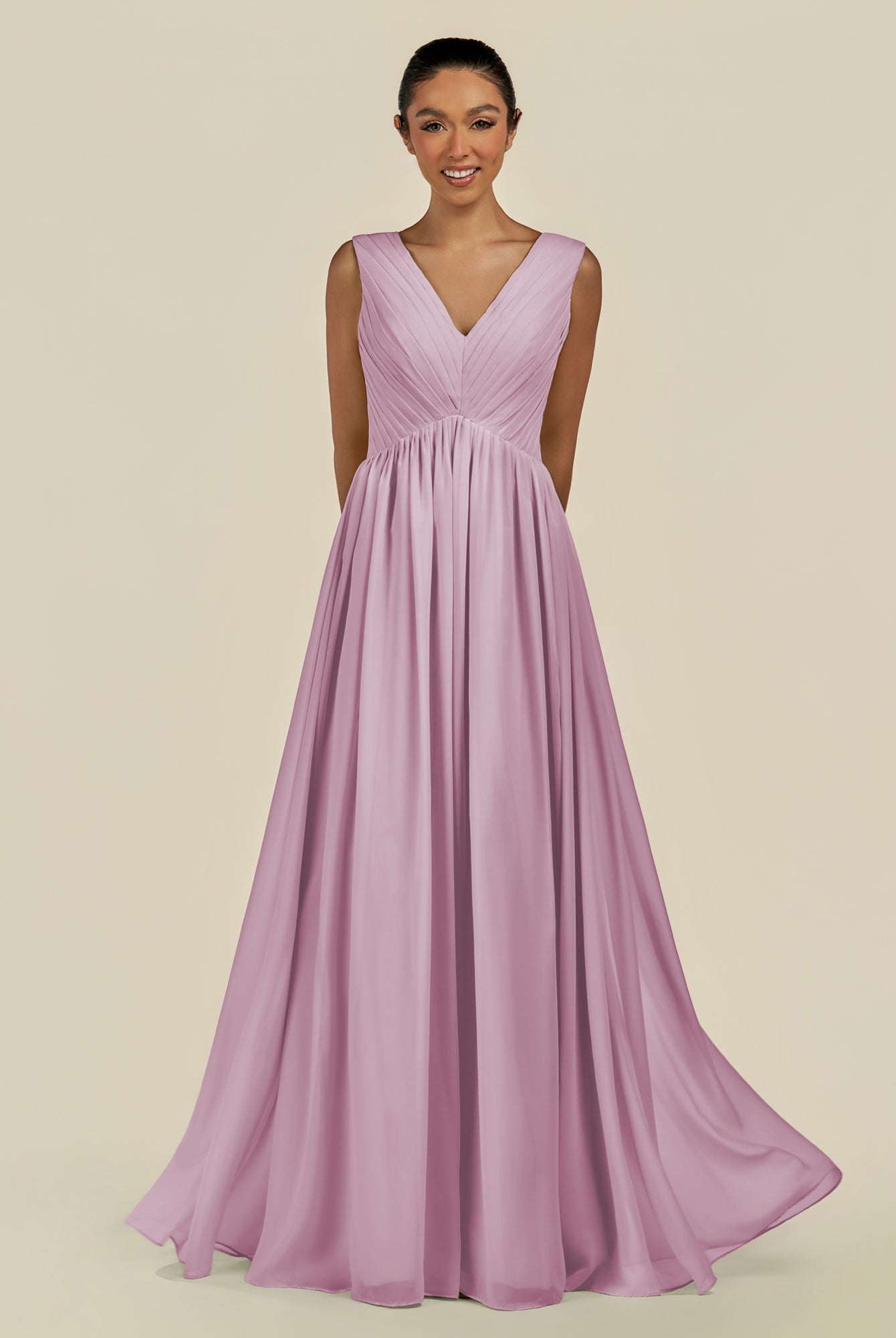 KissDress-Daryel Wisteria A Line Chiffon V Neck Pleated Long Bridesmaid Dress