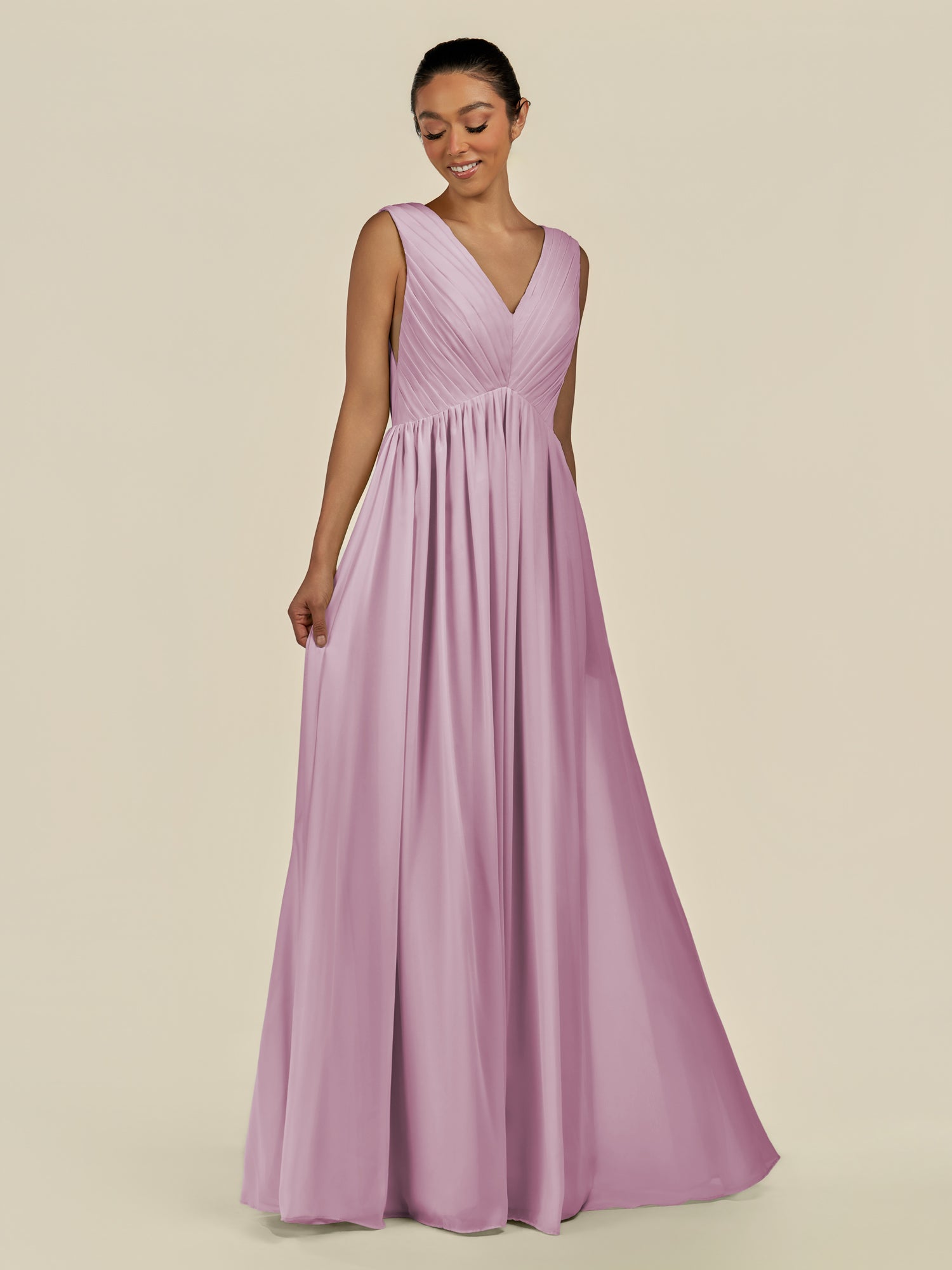 KissDress-Daryel Wisteria A Line Chiffon V Neck Pleated Long Bridesmaid Dress
