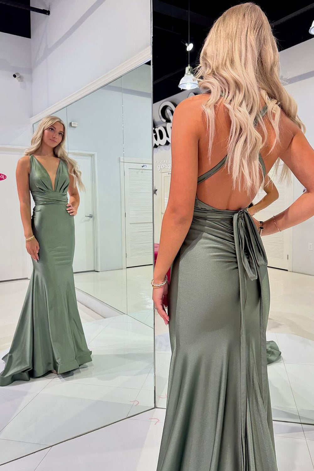 Mermaid Satin V Neck Long Evening Prom Dresses