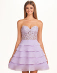 Lilac A-Line Strapless Tulle Tiered Short Homecoming Dress with Appliques
