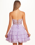 Lilac A-Line Strapless Tulle Tiered Short Homecoming Dress with Appliques