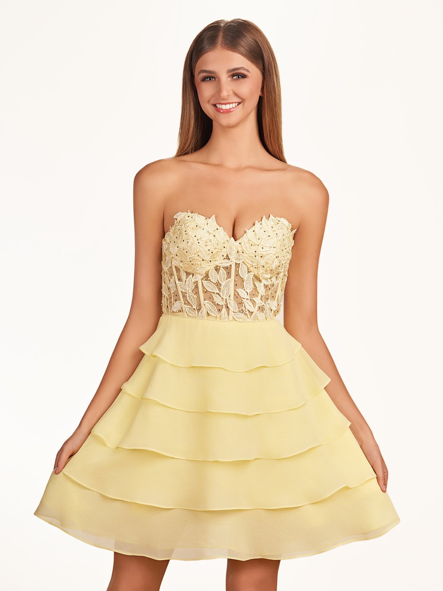 Lilac A-Line Strapless Tulle Tiered Short Homecoming Dress with Appliques