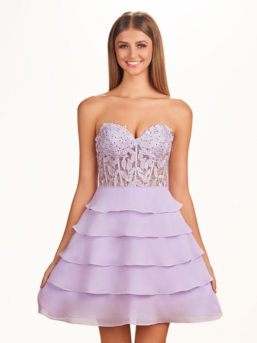 Diana | A - Line Strapless Tiered Corset Short Homecoming Dress with Appliques - KissProm