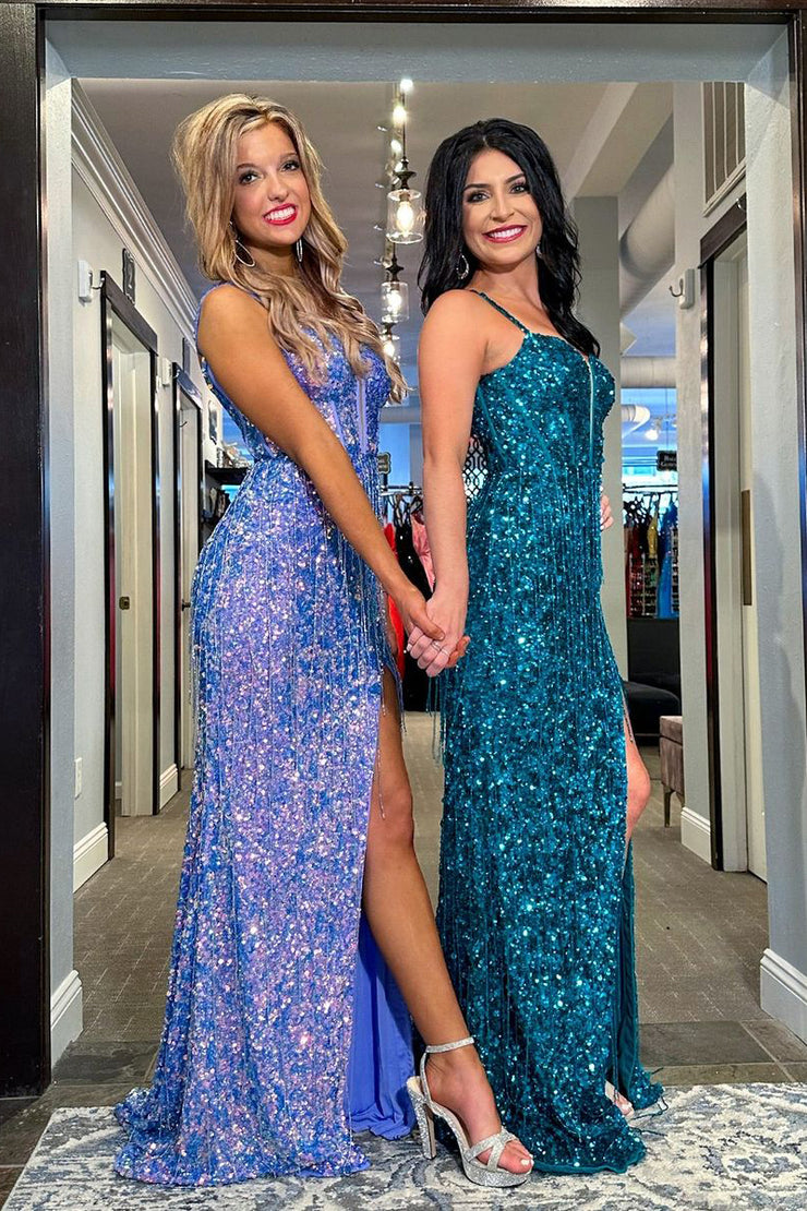 Sparkly Sheath V Neck Sequins Long Prom Dresses With Split