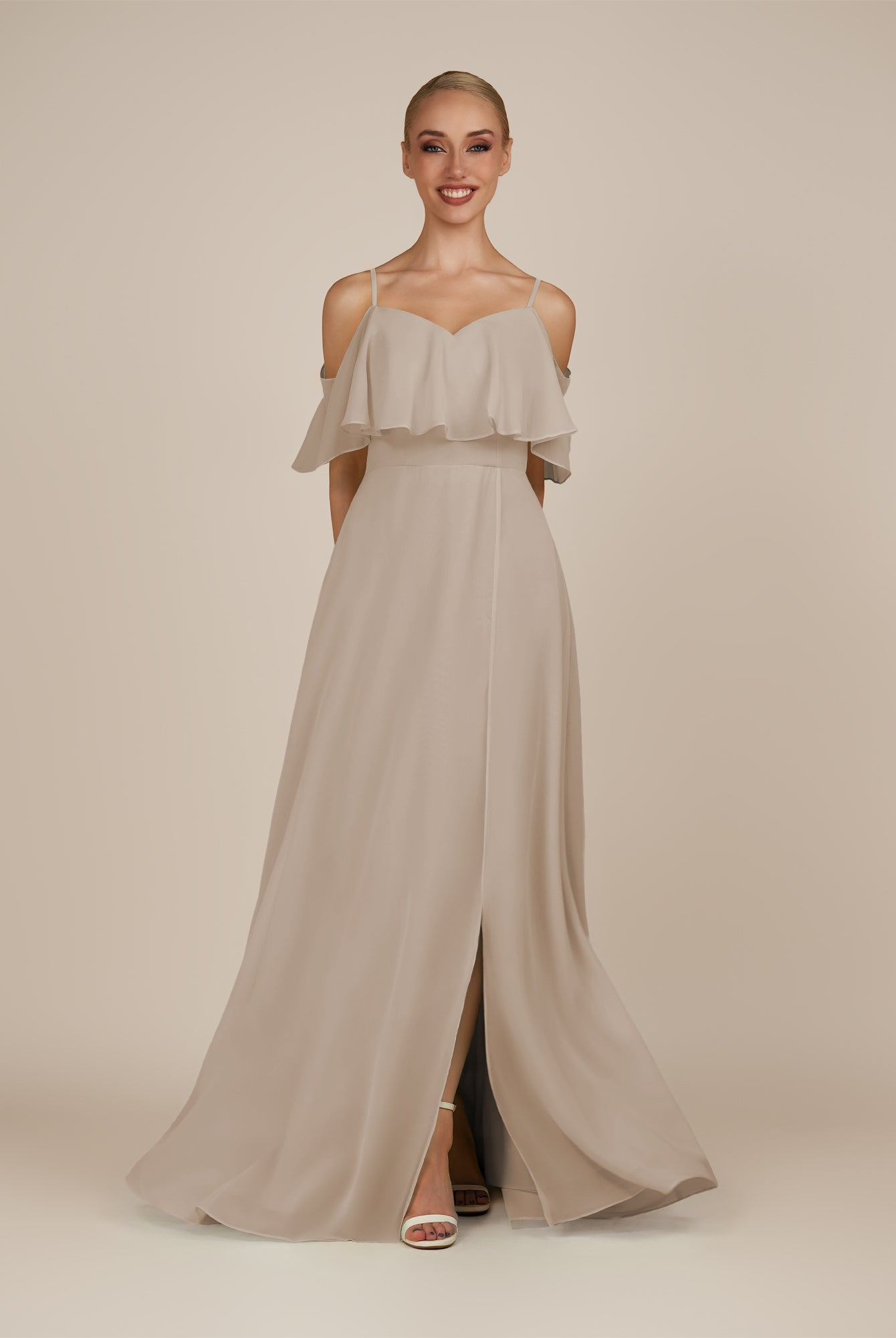 KissDress-Eira Almond A Line Chiffon Off the Shoulder Ruffled Overlay Long Bridesmaid Dress with Slit