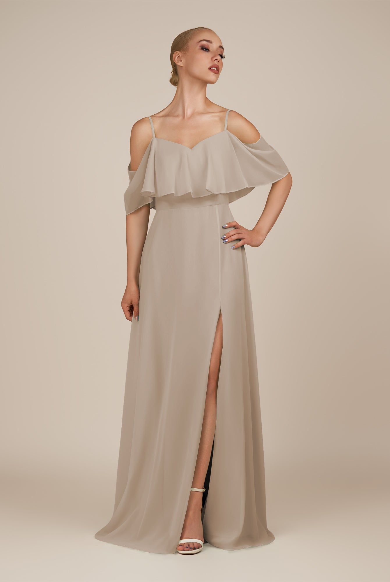 KissDress-Eira Almond A Line Chiffon Off the Shoulder Ruffled Overlay Long Bridesmaid Dress with Slit