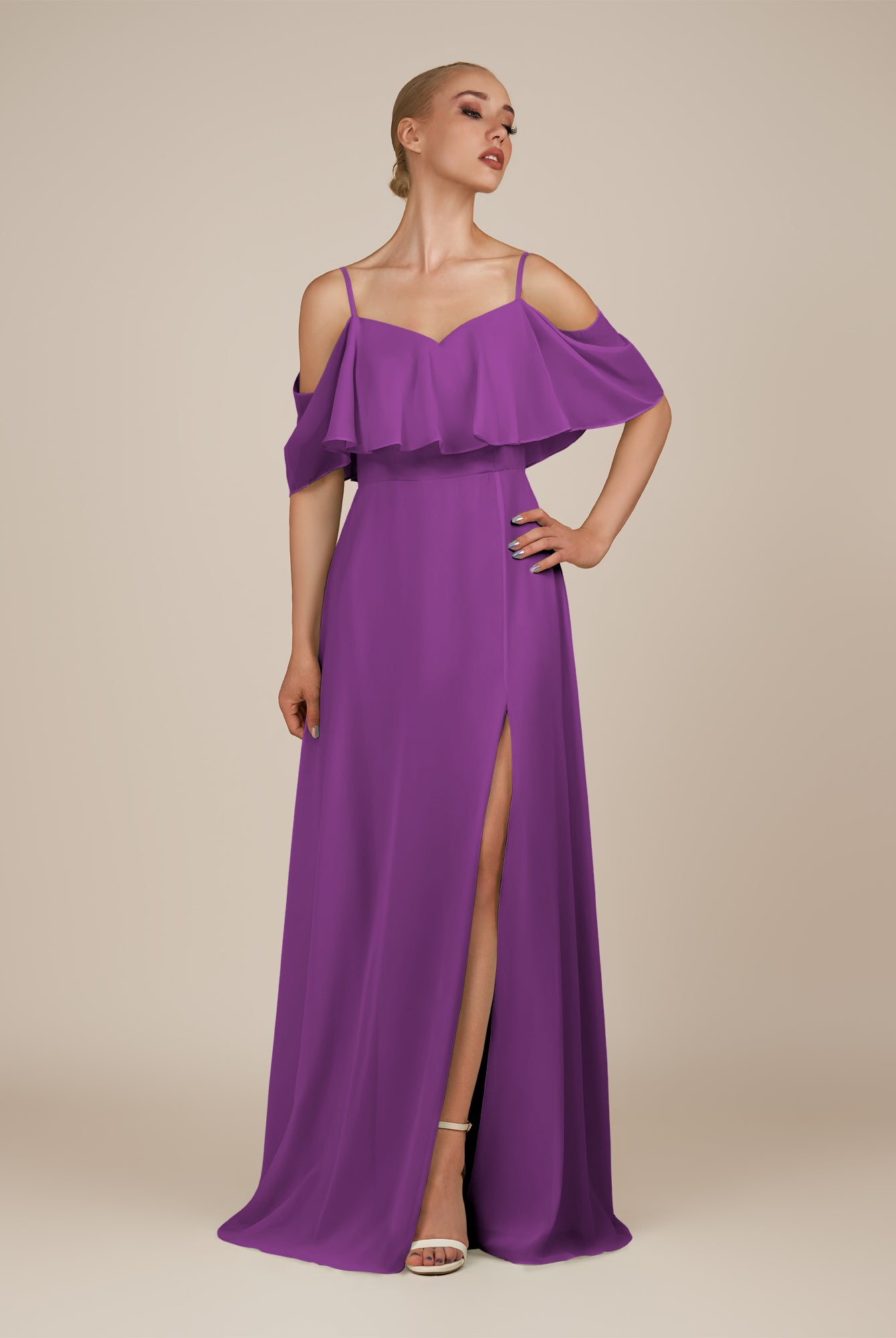 KissDress-Eira Amethyst A Line Chiffon Off the Shoulder Ruffled Overlay Long Bridesmaid Dress with Slit