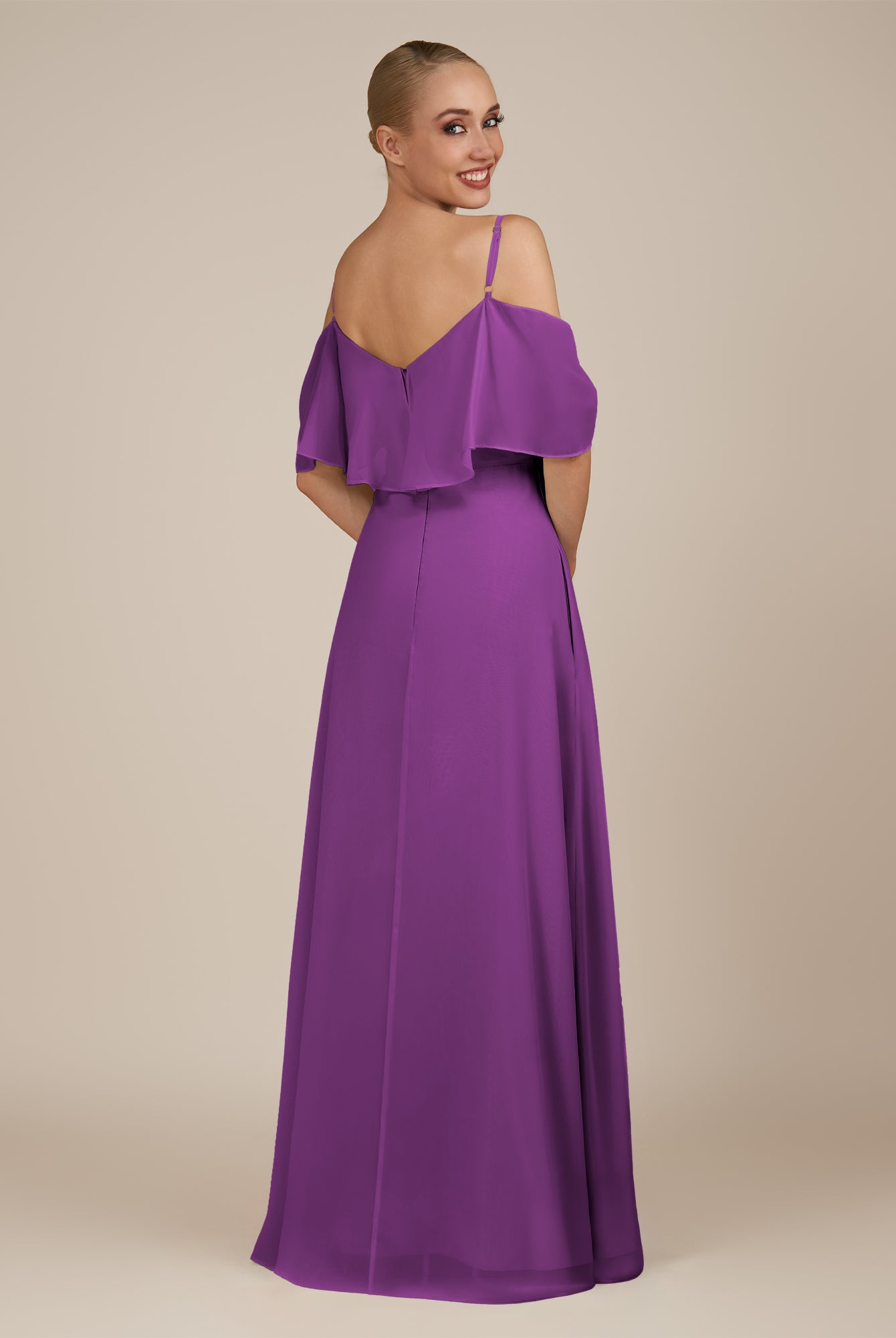 KissDress-Eira Amethyst A Line Chiffon Off the Shoulder Ruffled Overlay Long Bridesmaid Dress with Slit