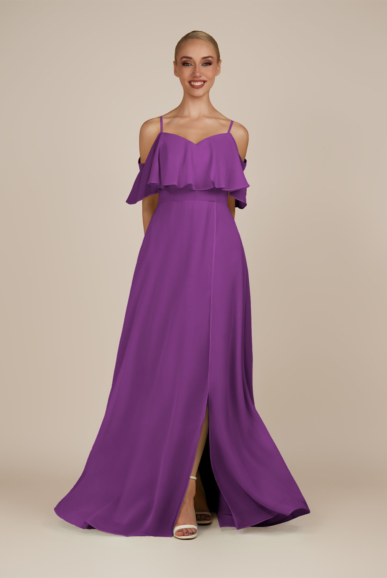 KissDress-Eira Amethyst A Line Chiffon Off the Shoulder Ruffled Overlay Long Bridesmaid Dress with Slit