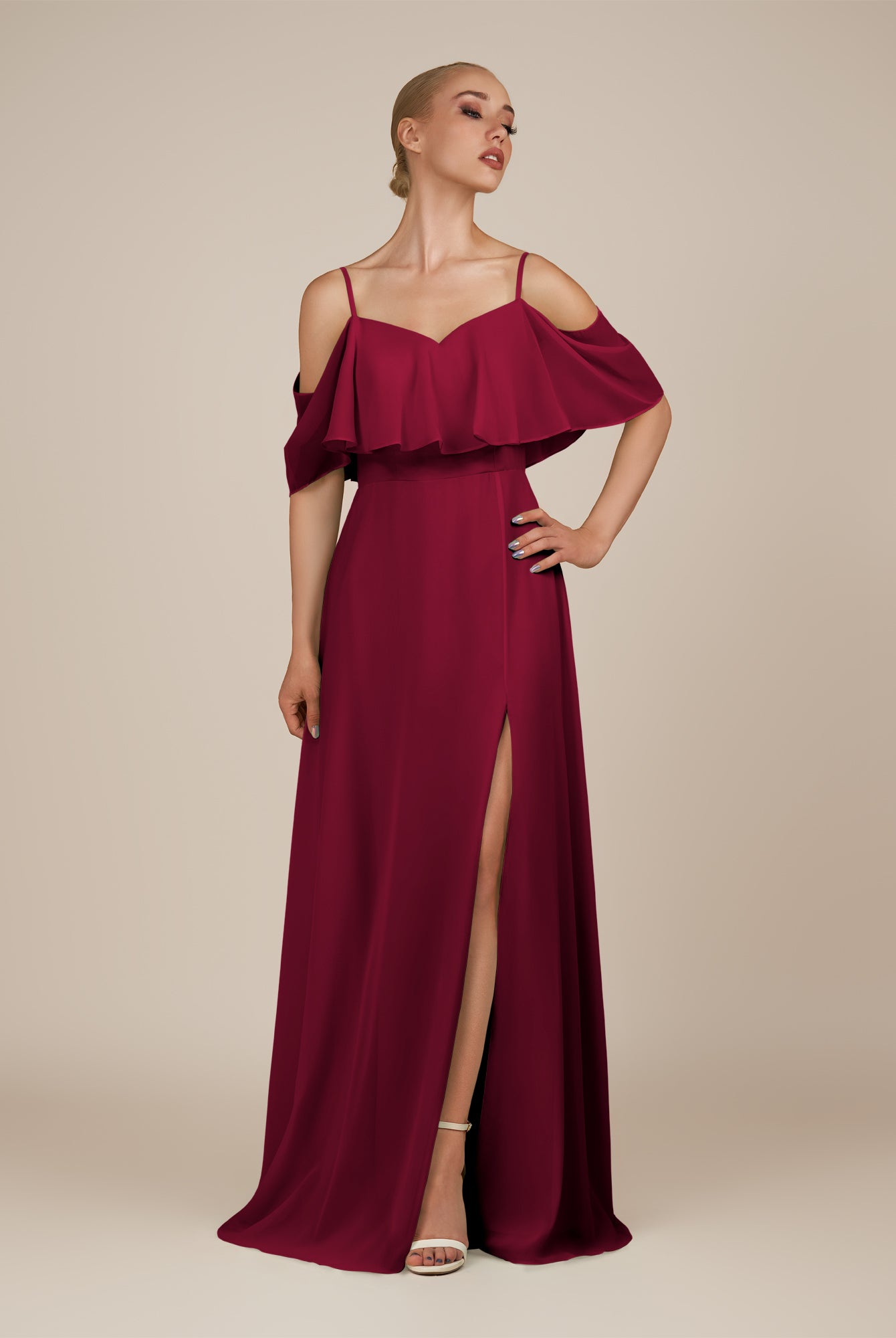 KissDress-Eira Berry A Line Chiffon Off the Shoulder Ruffled Overlay Long Bridesmaid Dress with Slit