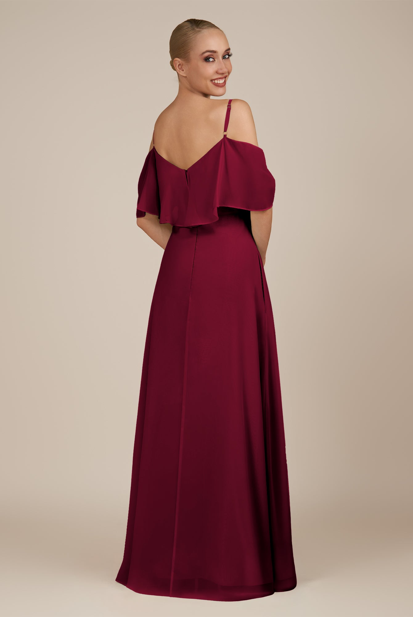 KissDress-Eira Berry A Line Chiffon Off the Shoulder Ruffled Overlay Long Bridesmaid Dress with Slit