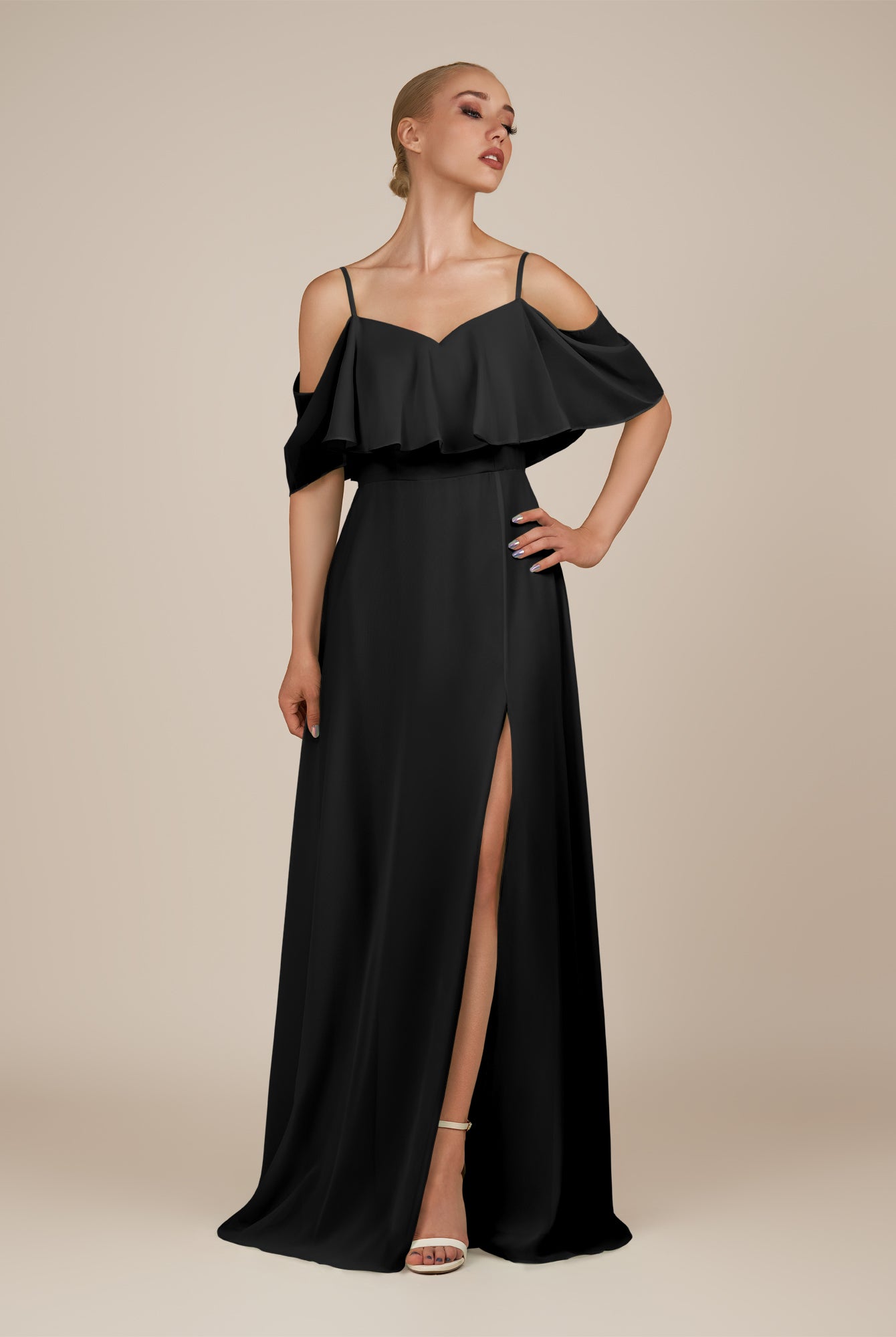 KissDress-Eira Black A Line Chiffon Off the Shoulder Ruffled Overlay Long Bridesmaid Dress with Slit