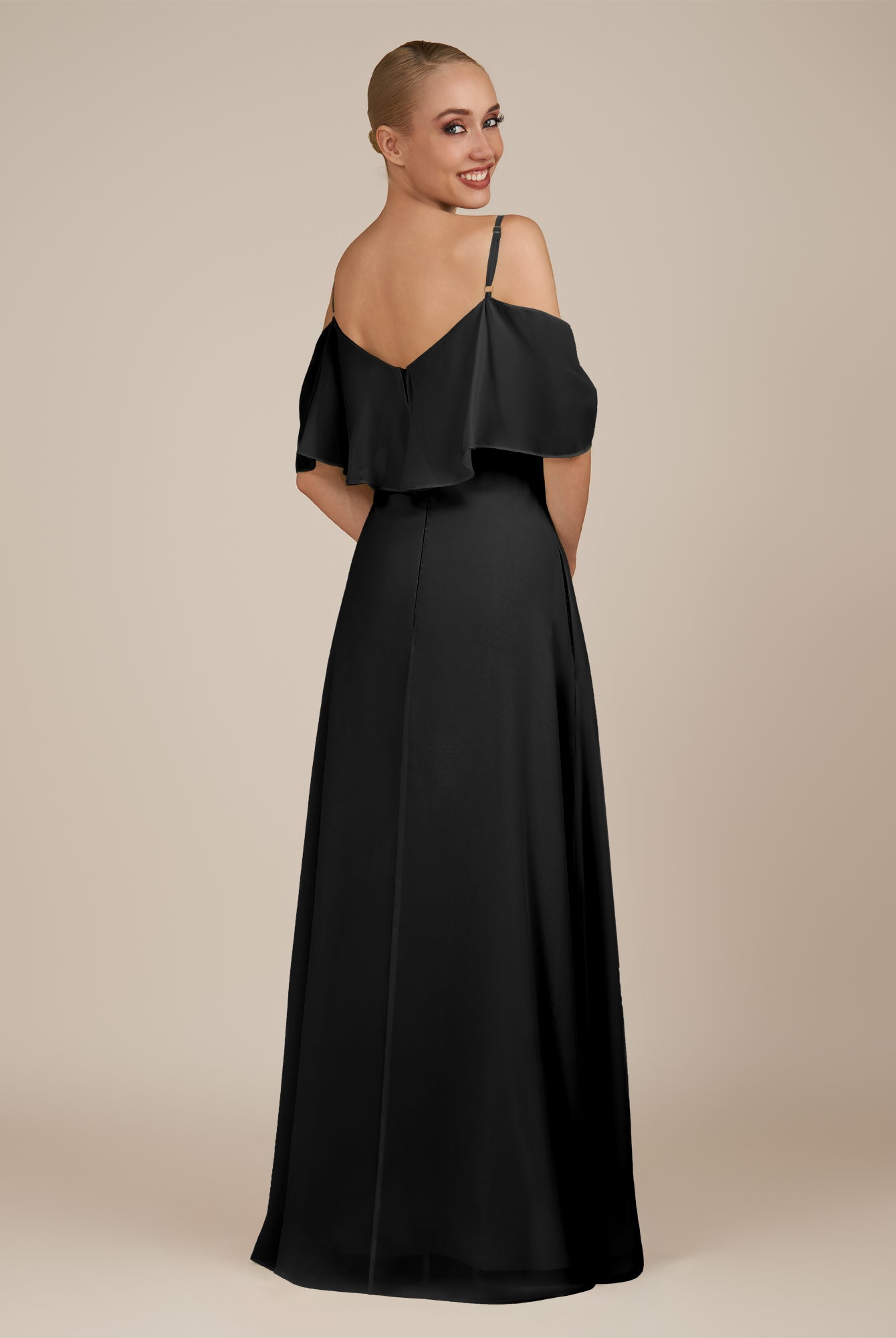 KissDress-Eira Black A Line Chiffon Off the Shoulder Ruffled Overlay Long Bridesmaid Dress with Slit