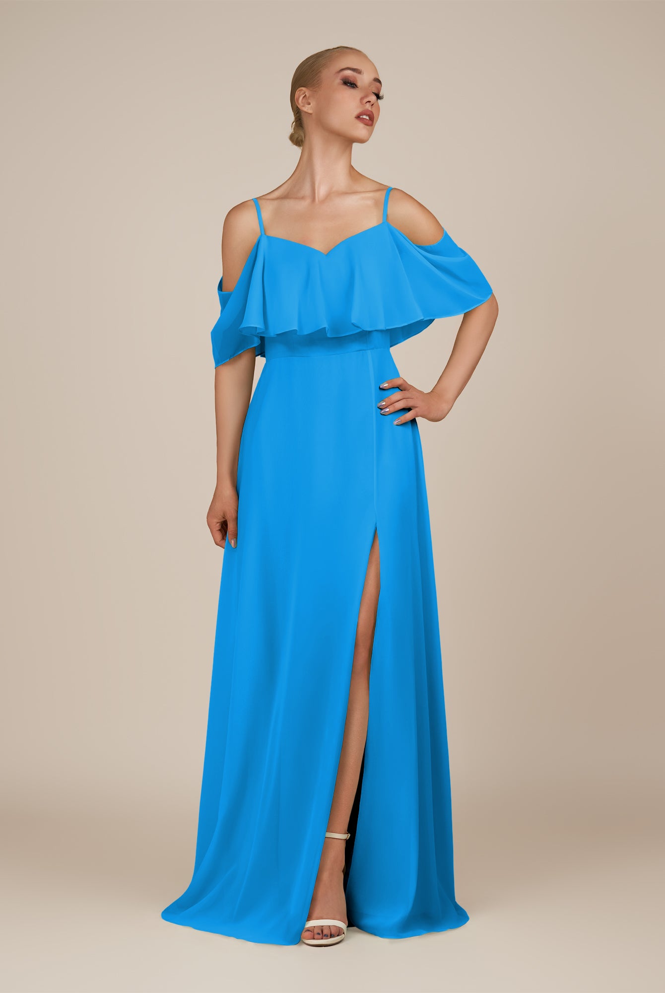 KissDress-Eira Blue Jay A Line Chiffon Off the Shoulder Ruffled Overlay Long Bridesmaid Dress with Slit