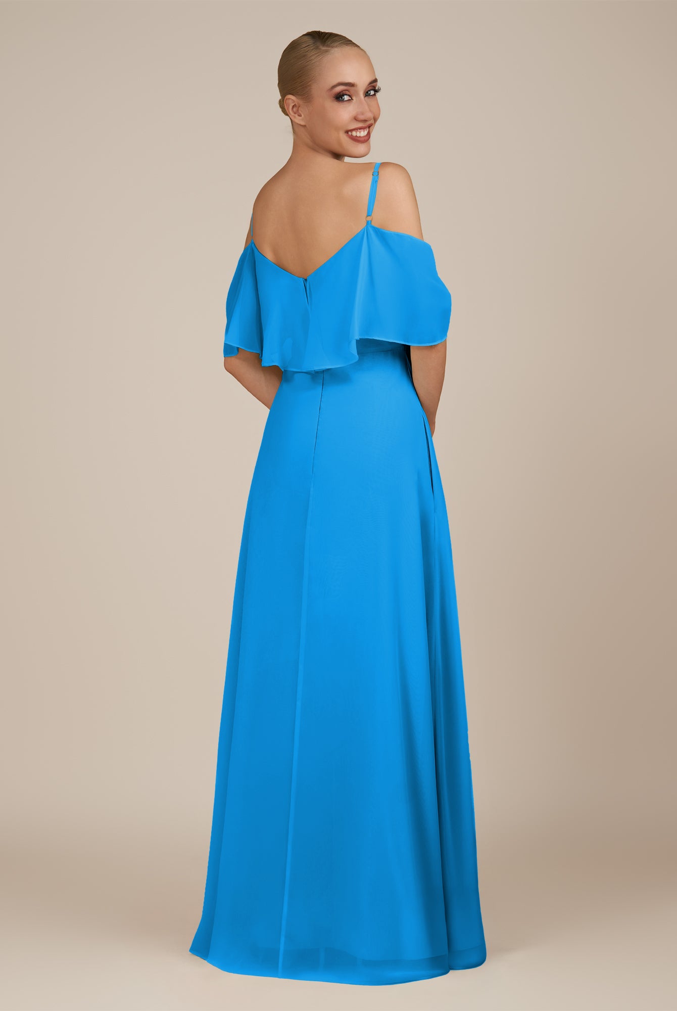 KissDress-Eira Blue Jay A Line Chiffon Off the Shoulder Ruffled Overlay Long Bridesmaid Dress with Slit