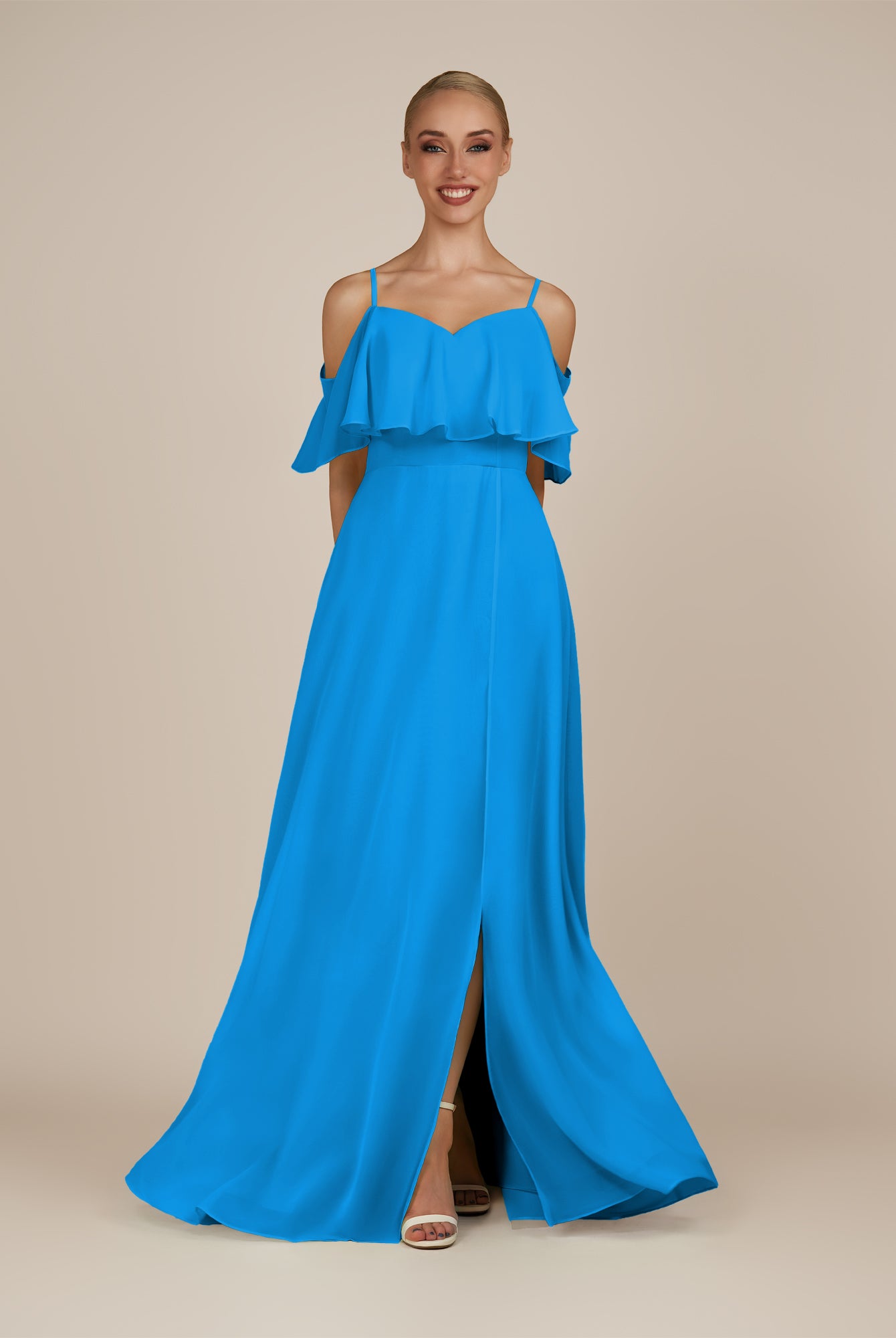 KissDress-Eira Blue Jay A Line Chiffon Off the Shoulder Ruffled Overlay Long Bridesmaid Dress with Slit