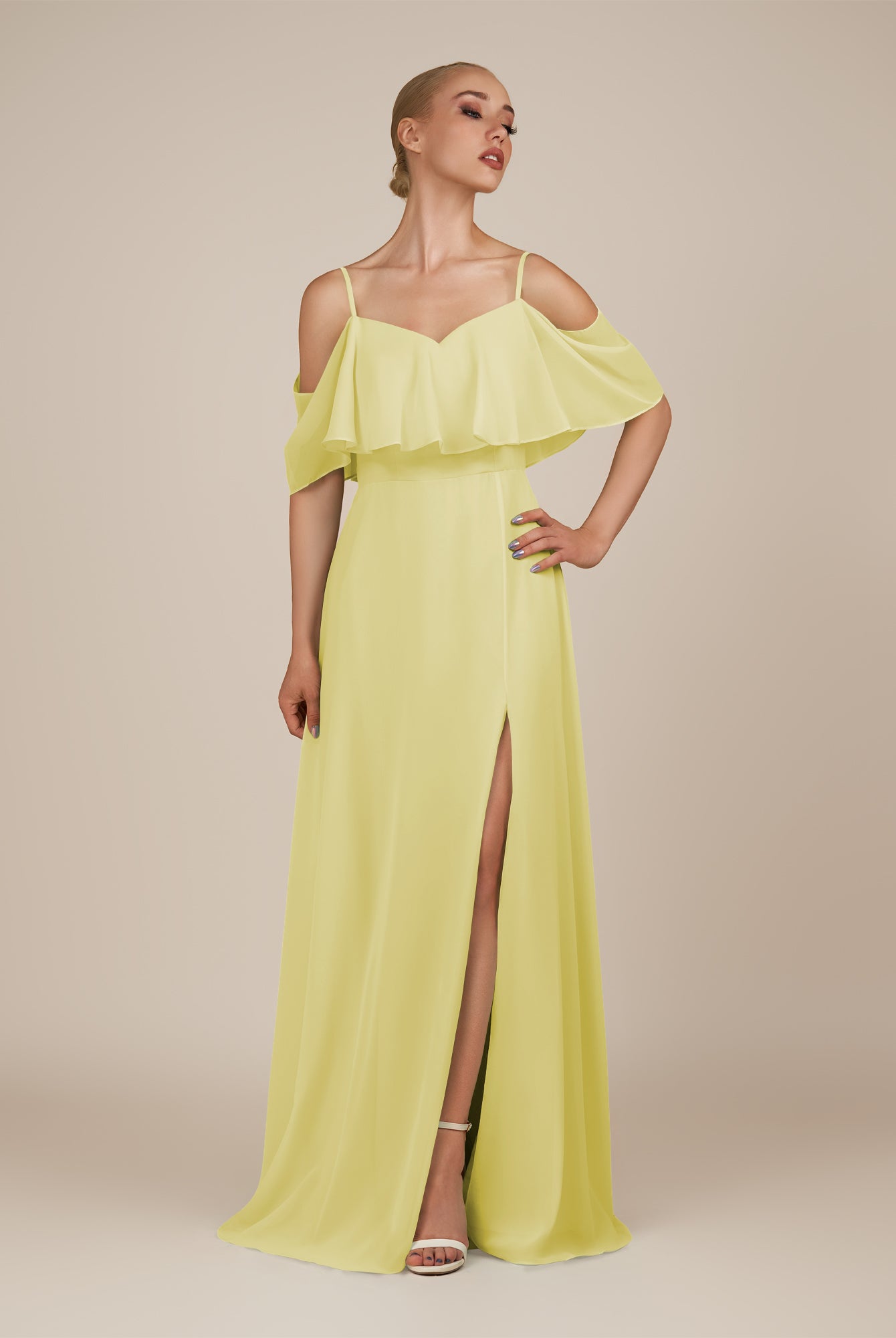 KissDress-Eira Buttercup A Line Chiffon Off the Shoulder Ruffled Overlay Long Bridesmaid Dress with Slit