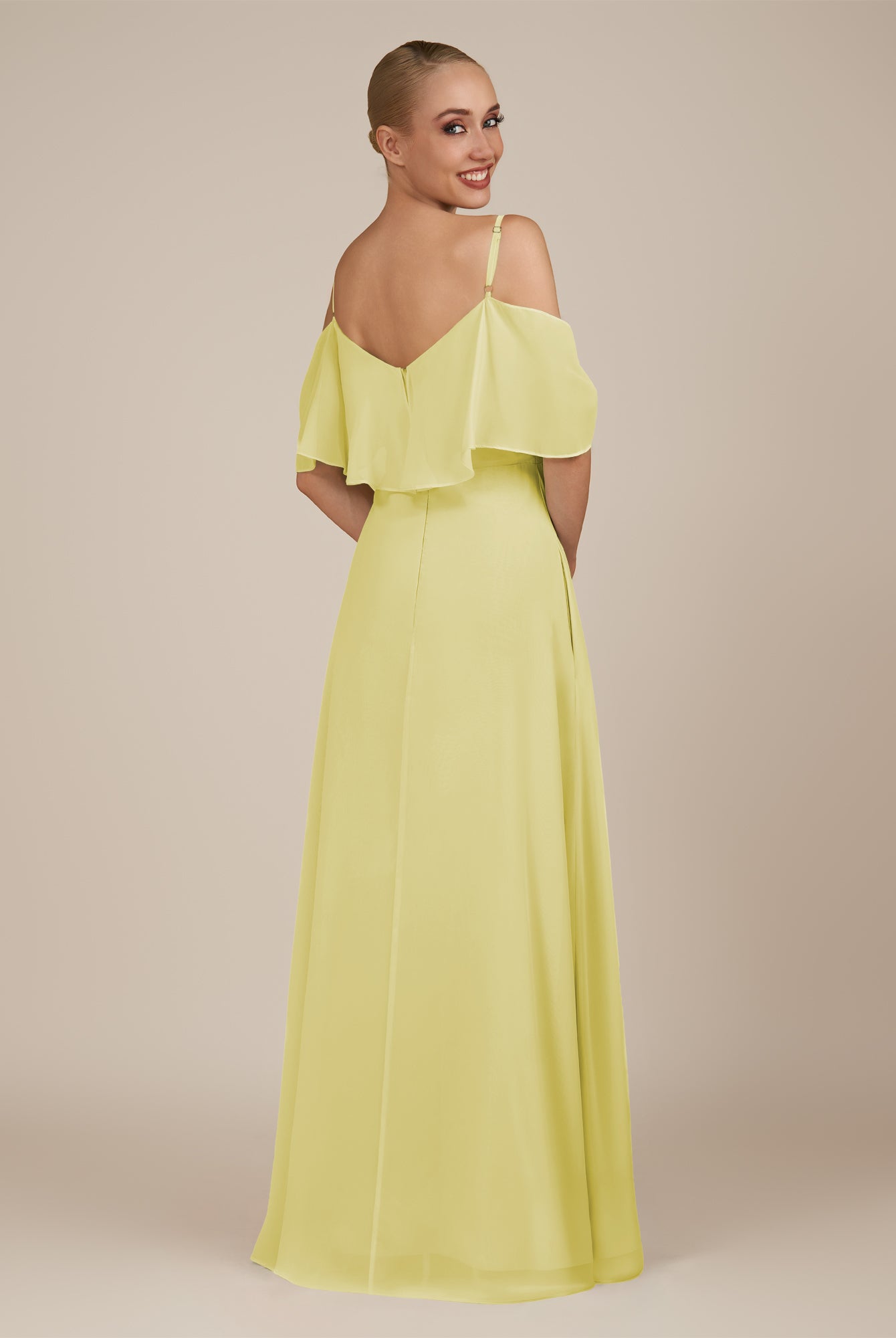 KissDress-Eira Buttercup A Line Chiffon Off the Shoulder Ruffled Overlay Long Bridesmaid Dress with Slit