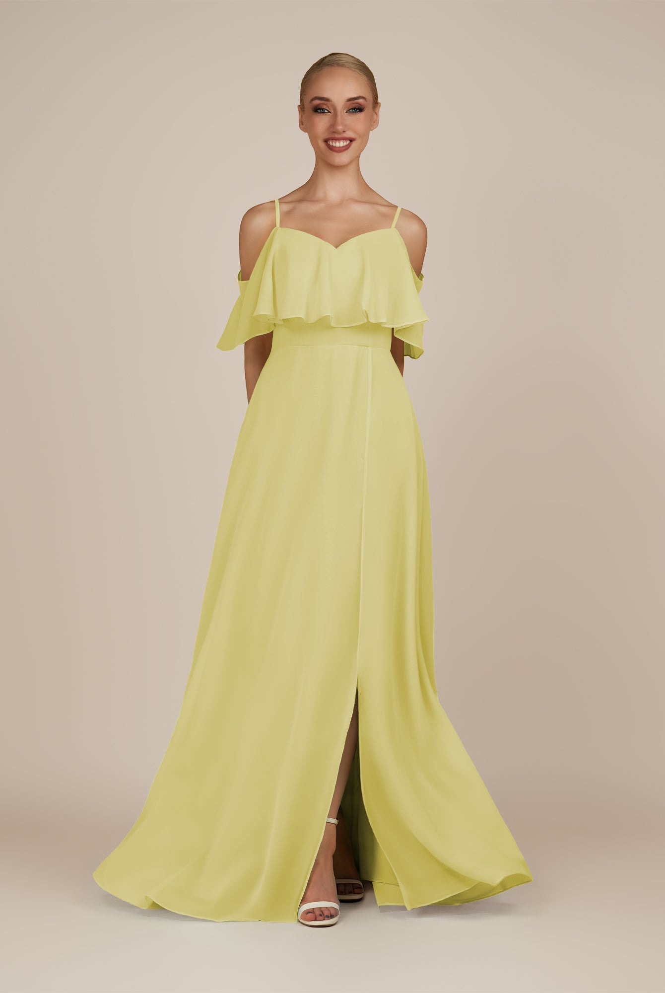 KissDress-Eira Buttercup A Line Chiffon Off the Shoulder Ruffled Overlay Long Bridesmaid Dress with Slit