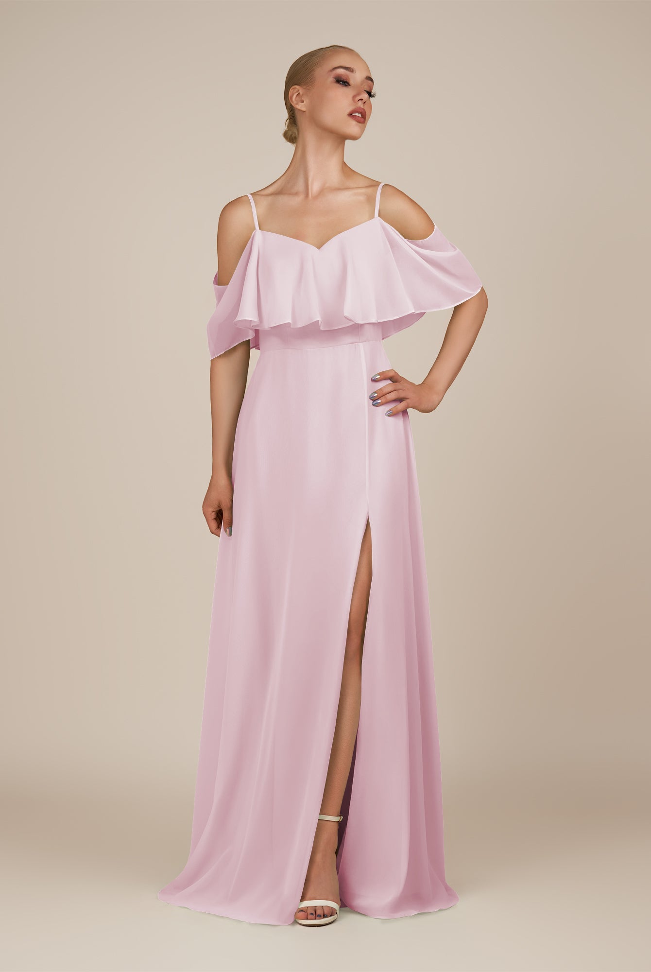 KissDress-Eira Candy Pink A Line Chiffon Off the Shoulder Ruffled Overlay Long Bridesmaid Dress with Slit