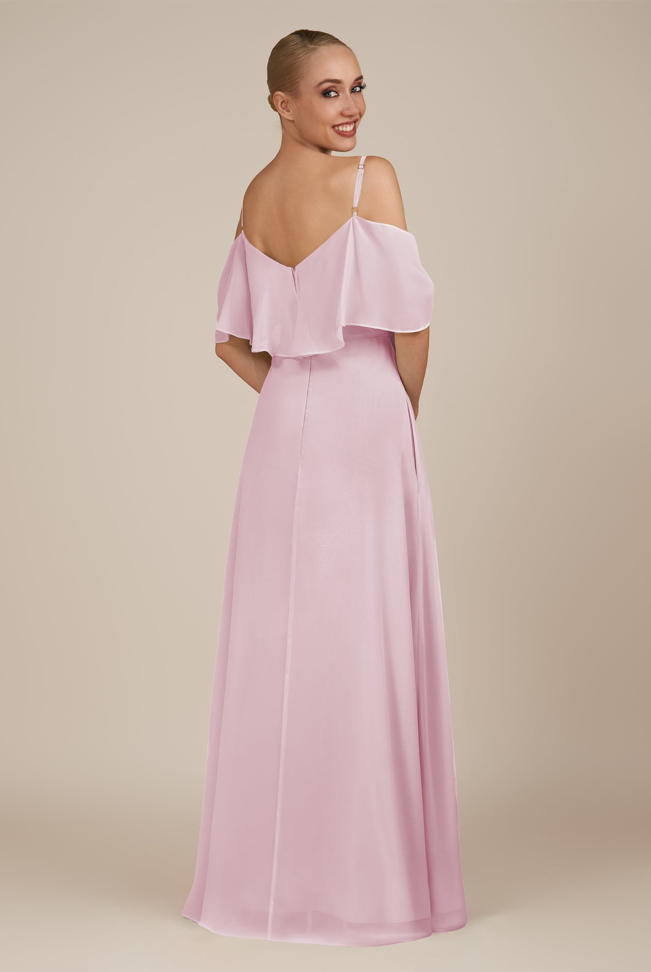 KissDress-Eira Candy Pink A Line Chiffon Off the Shoulder Ruffled Overlay Long Bridesmaid Dress with Slit