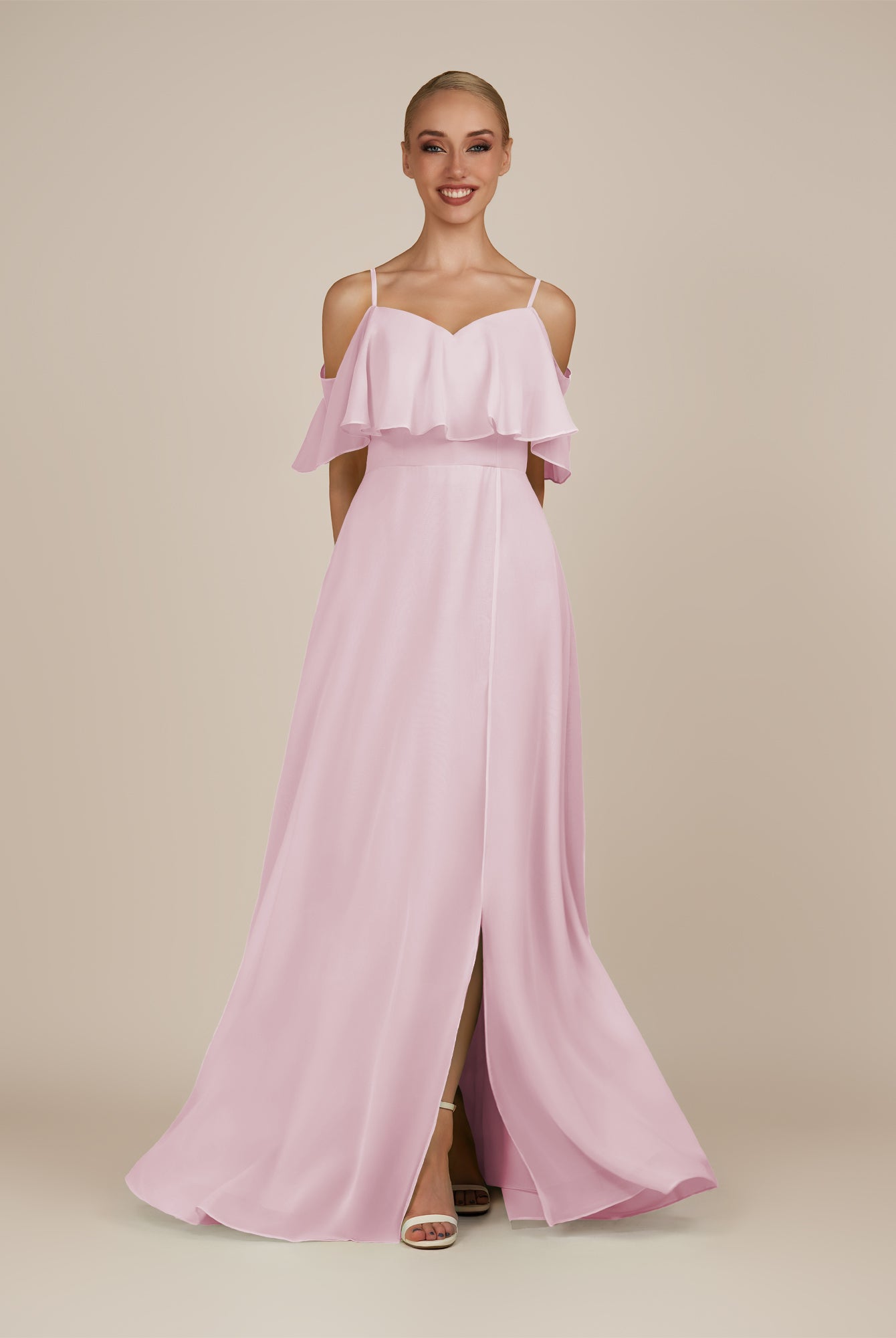KissDress-Eira Candy Pink A Line Chiffon Off the Shoulder Ruffled Overlay Long Bridesmaid Dress with Slit