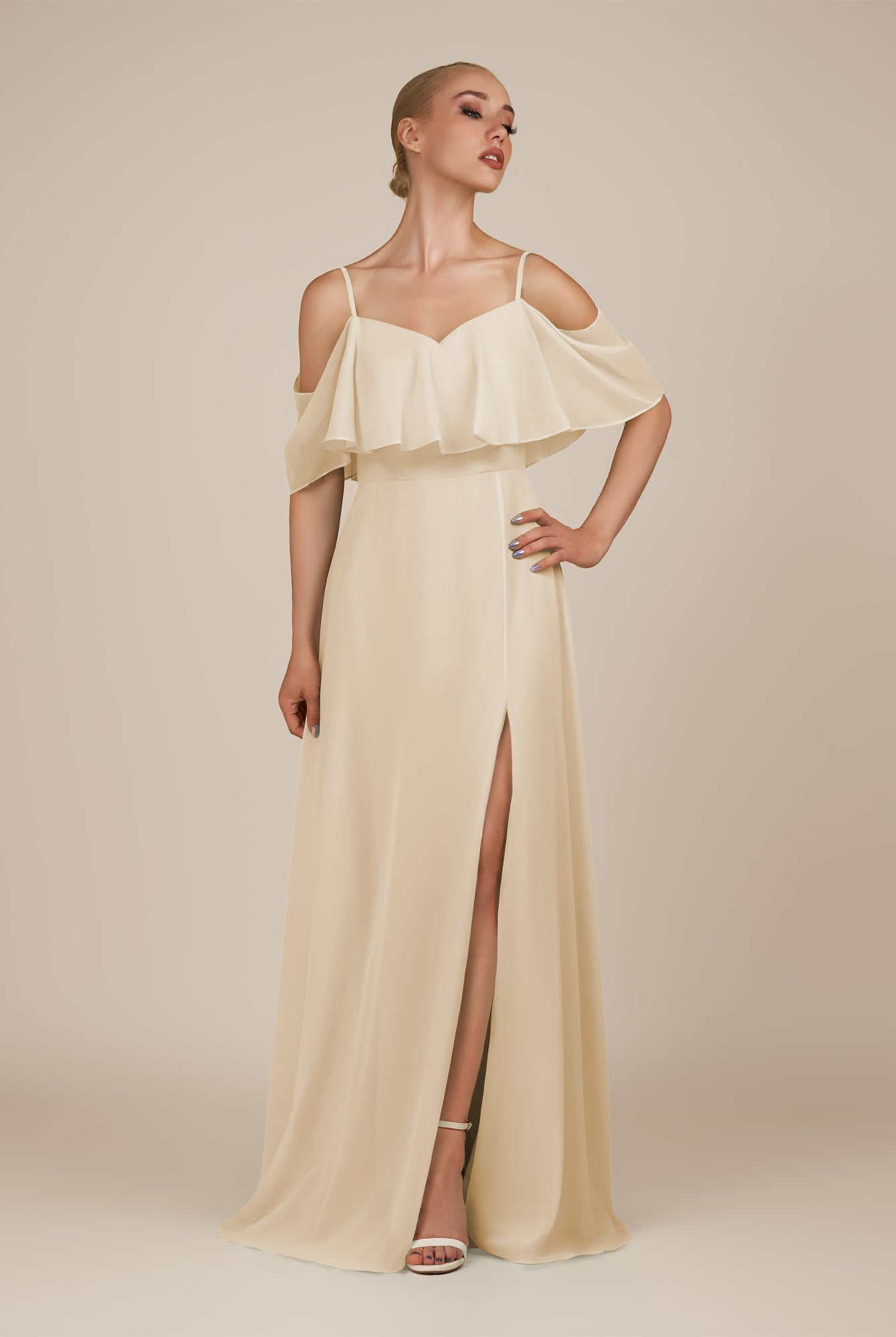 KissDress-Eira Champagne A Line Chiffon Off the Shoulder Ruffled Overlay Long Bridesmaid Dress with Slit