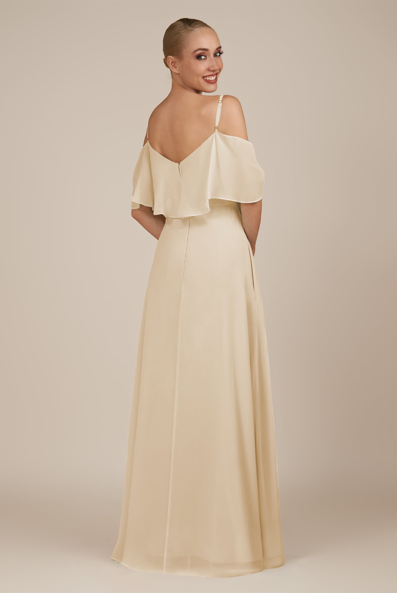 KissDress-Eira Champagne A Line Chiffon Off the Shoulder Ruffled Overlay Long Bridesmaid Dress with Slit