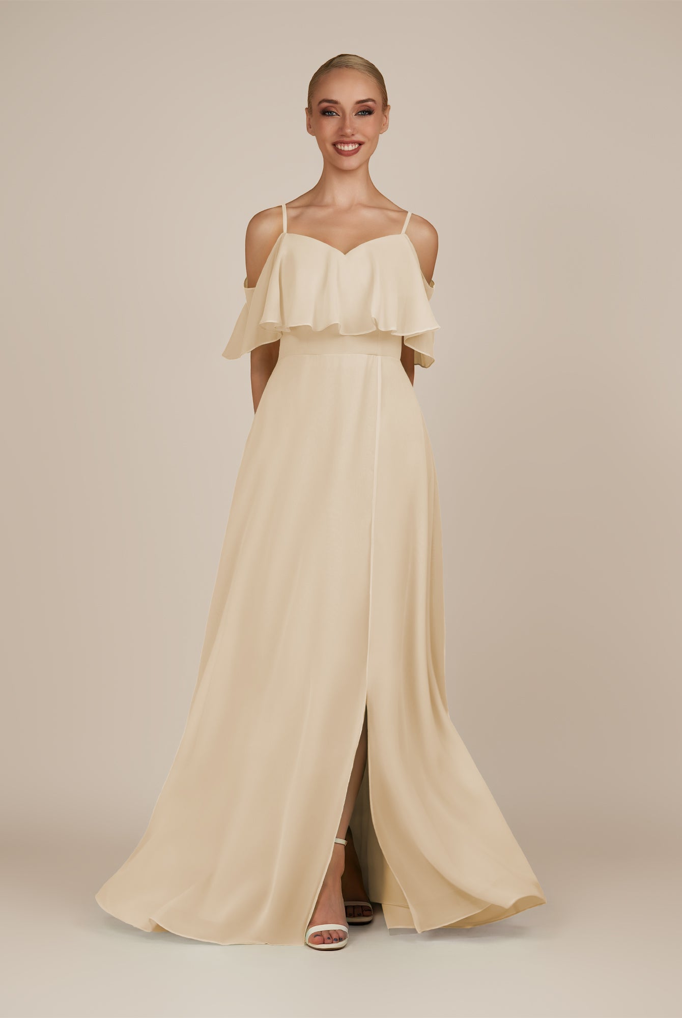 KissDress-Eira Champagne A Line Chiffon Off the Shoulder Ruffled Overlay Long Bridesmaid Dress with Slit