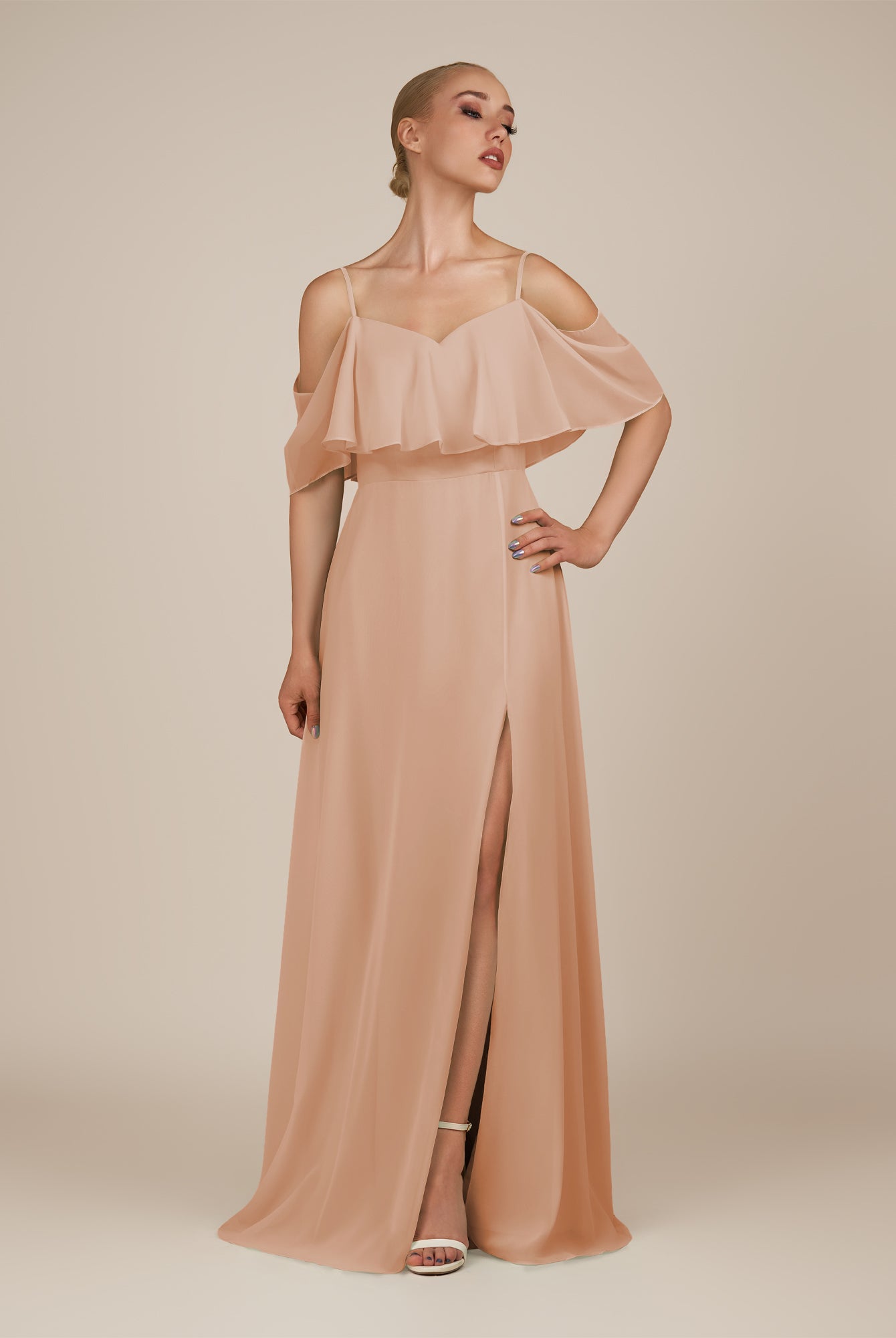KissDress-Eira Champagne Rose A Line Chiffon Off the Shoulder Ruffled Overlay Long Bridesmaid Dress with Slit