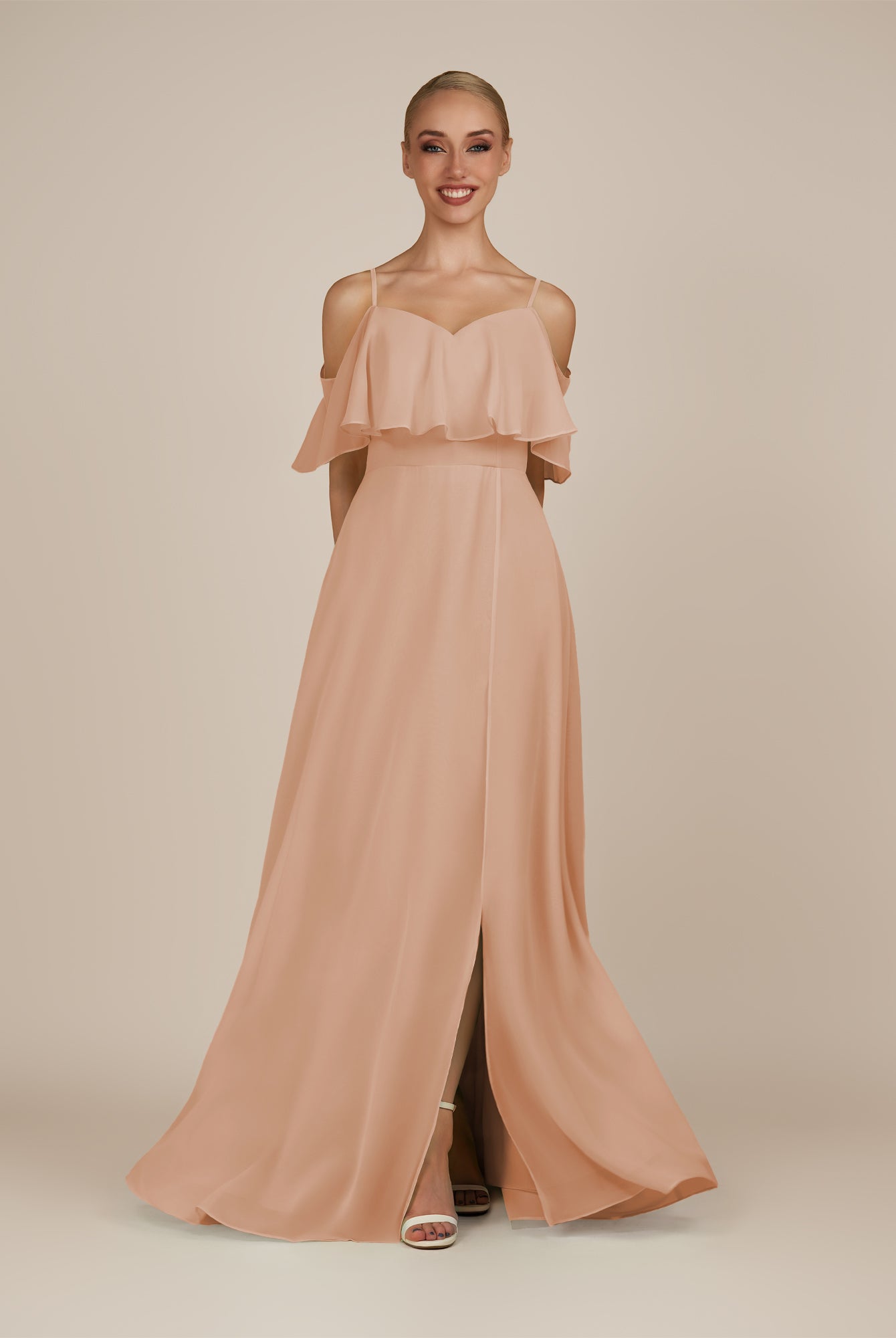 KissDress-Eira Champagne Rose A Line Chiffon Off the Shoulder Ruffled Overlay Long Bridesmaid Dress with Slit