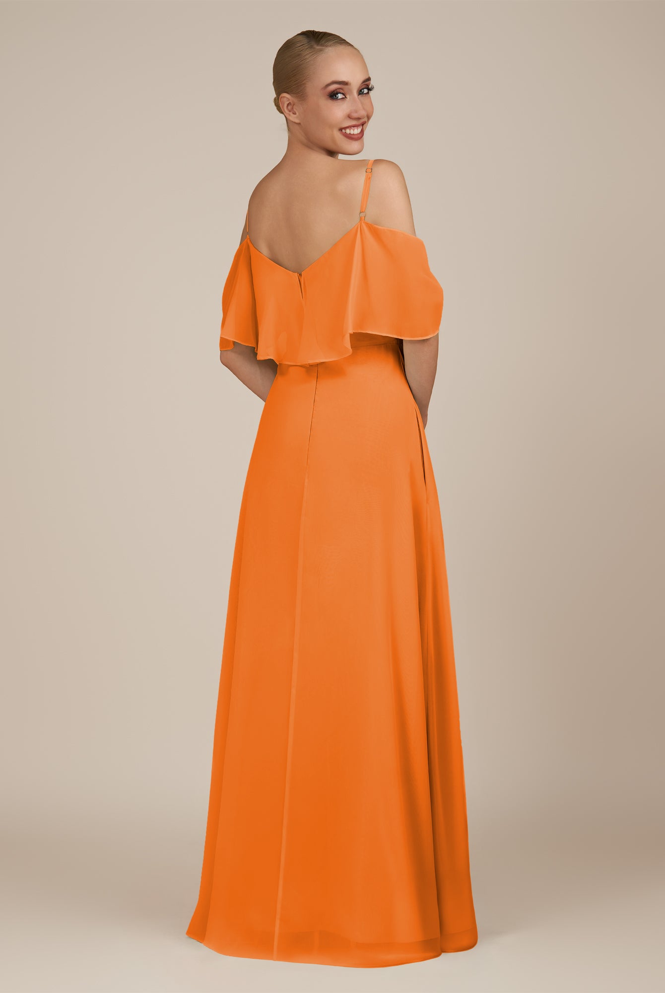 KissDress-Eira Cinnamon A Line Chiffon Off the Shoulder Ruffled Overlay Long Bridesmaid Dress with Slit