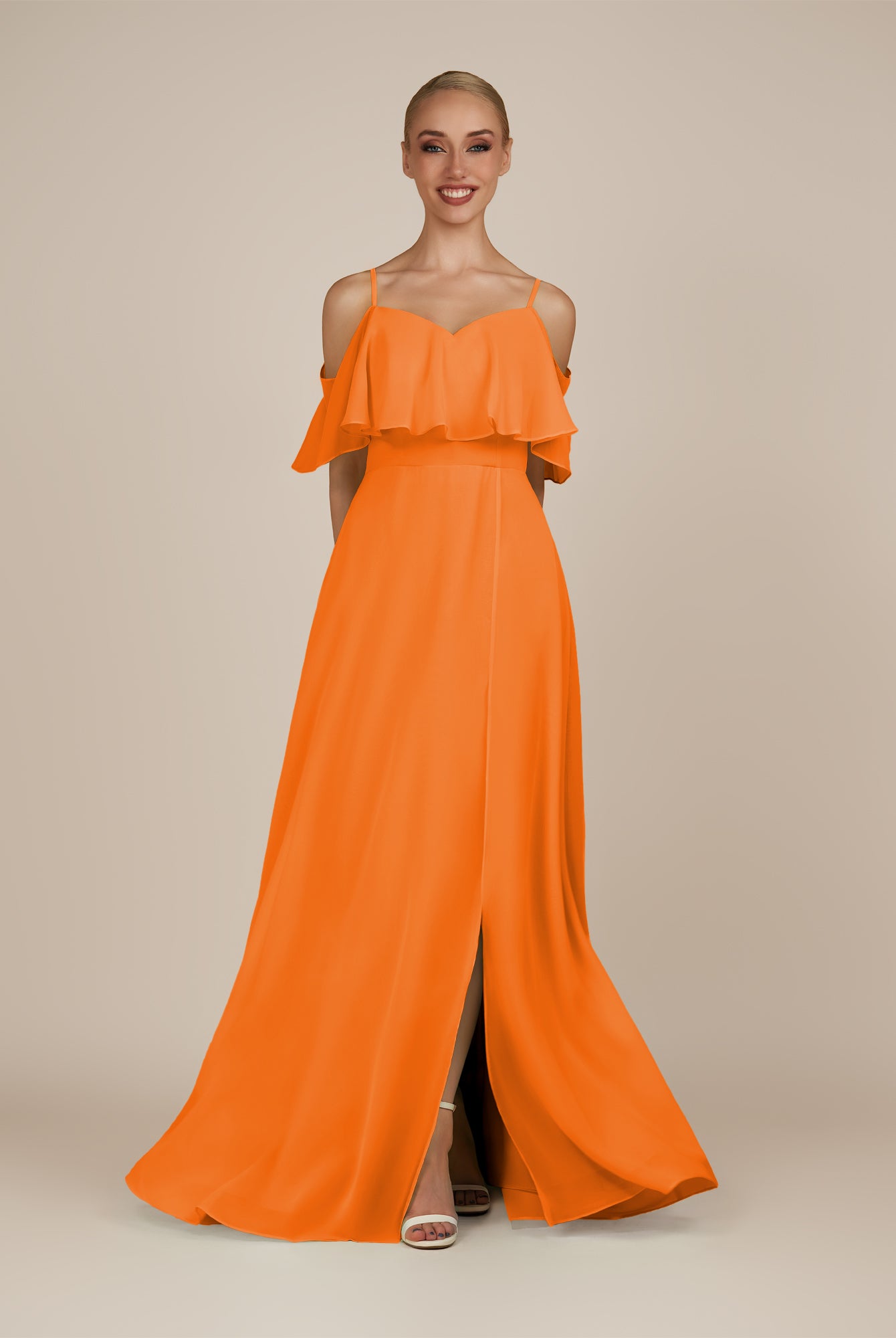 KissDress-Eira Cinnamon A Line Chiffon Off the Shoulder Ruffled Overlay Long Bridesmaid Dress with Slit