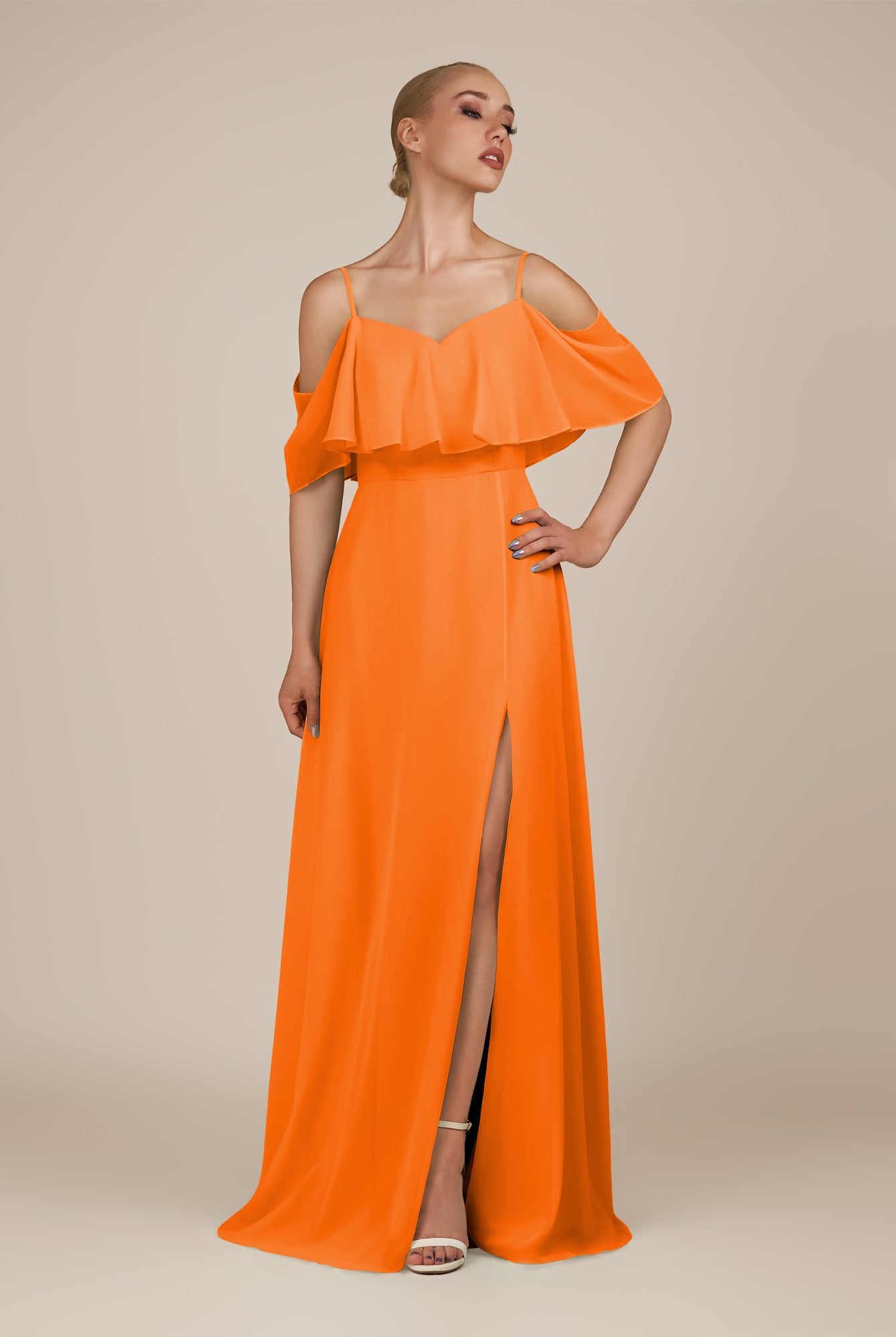 KissDress-Eira Cinnamon A Line Chiffon Off the Shoulder Ruffled Overlay Long Bridesmaid Dress with Slit