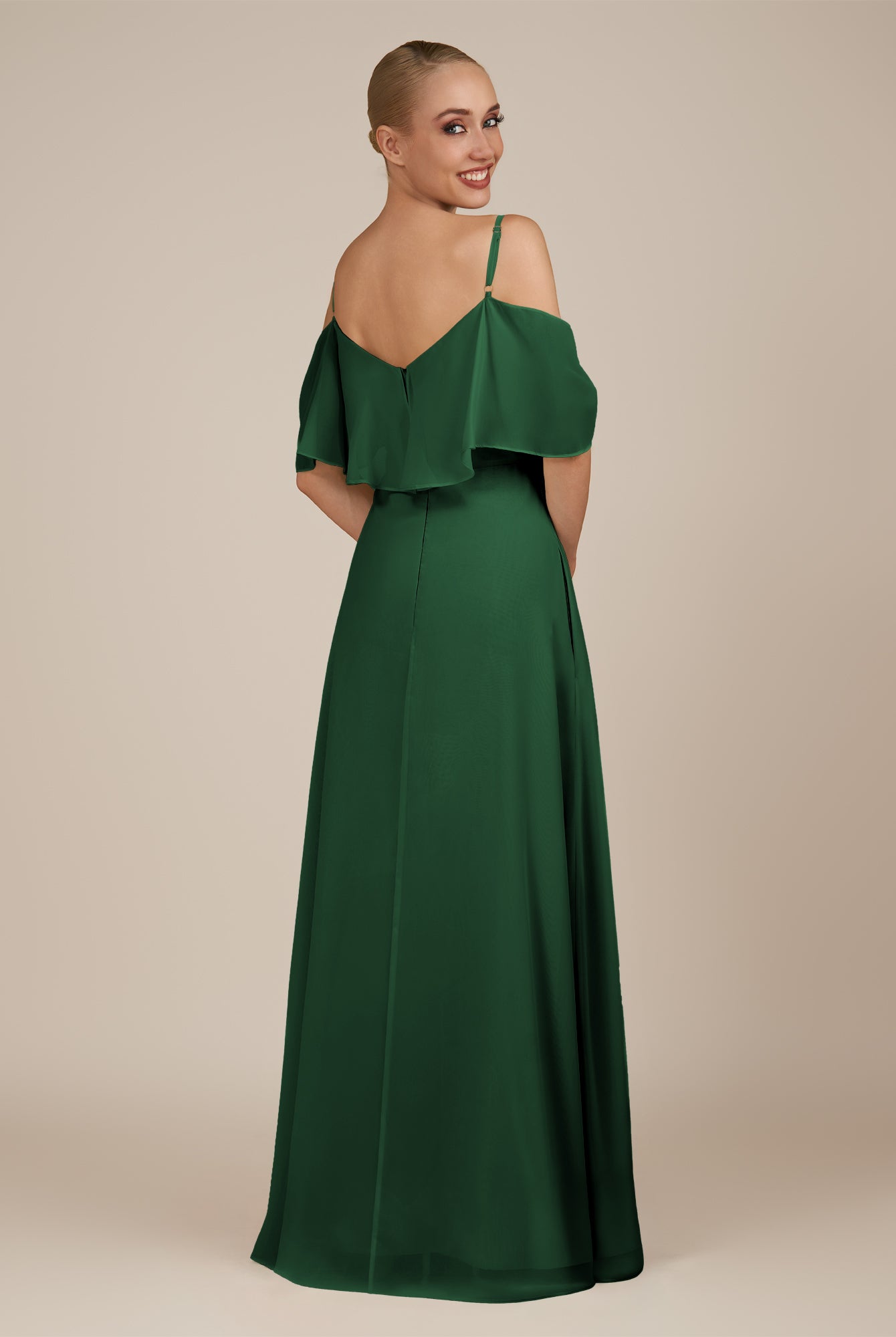 KissDress-Eira Dark Green A Line Chiffon Off the Shoulder Ruffled Overlay Long Bridesmaid Dress with Slit