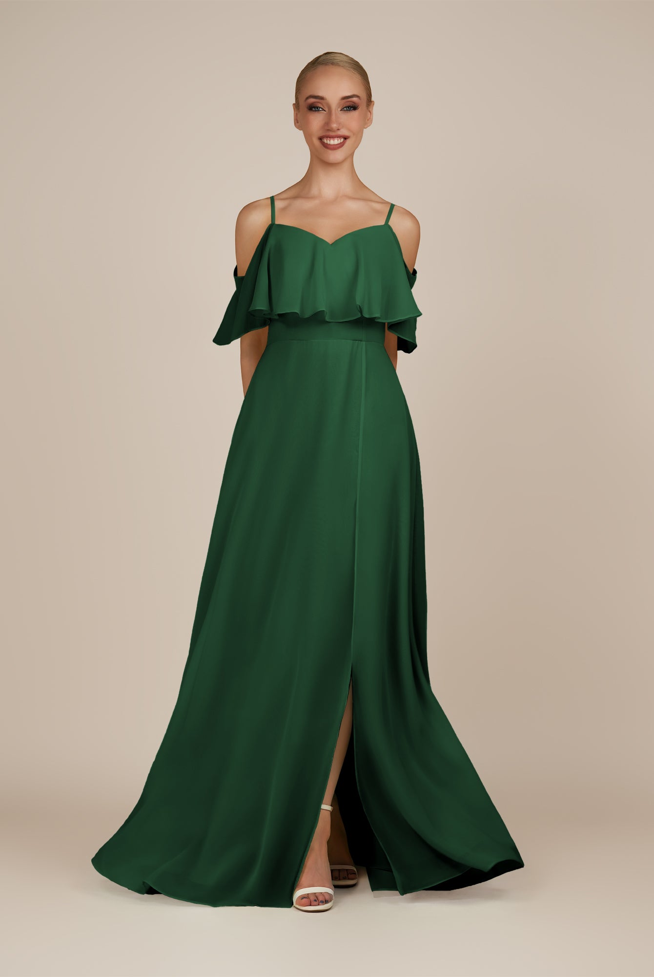 KissDress-Eira Dark Green A Line Chiffon Off the Shoulder Ruffled Overlay Long Bridesmaid Dress with Slit
